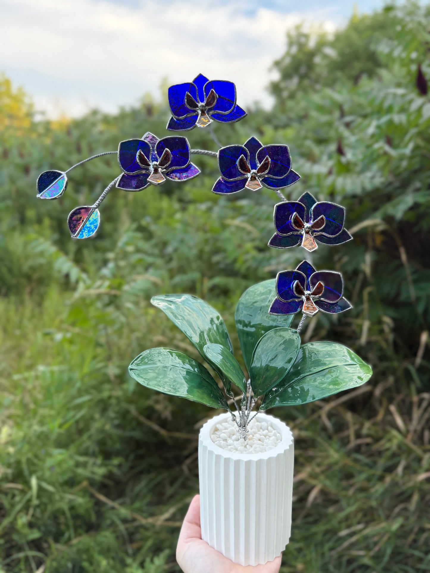 .Amethyst indigo Orchid, WITH RESIN LEAVES, 5 Flowers, Handmade Stained Glass Botanical Art Decor