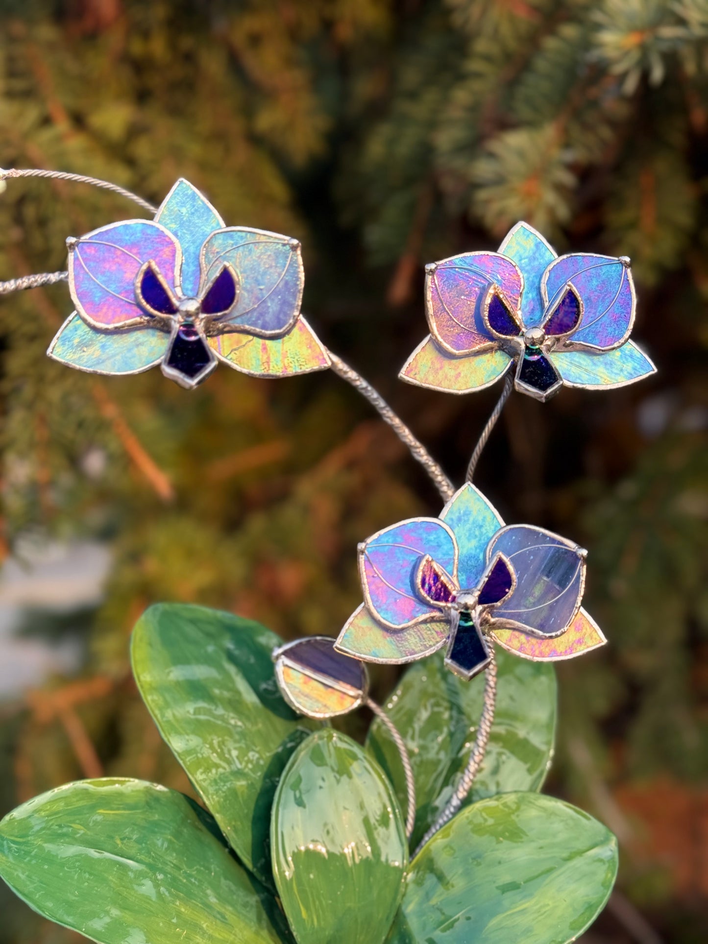 Orchid Lavender Blue Stained Glass WITH Hand Painted RESIN LEAVES, 3 Flowers, Botanical Table Decor