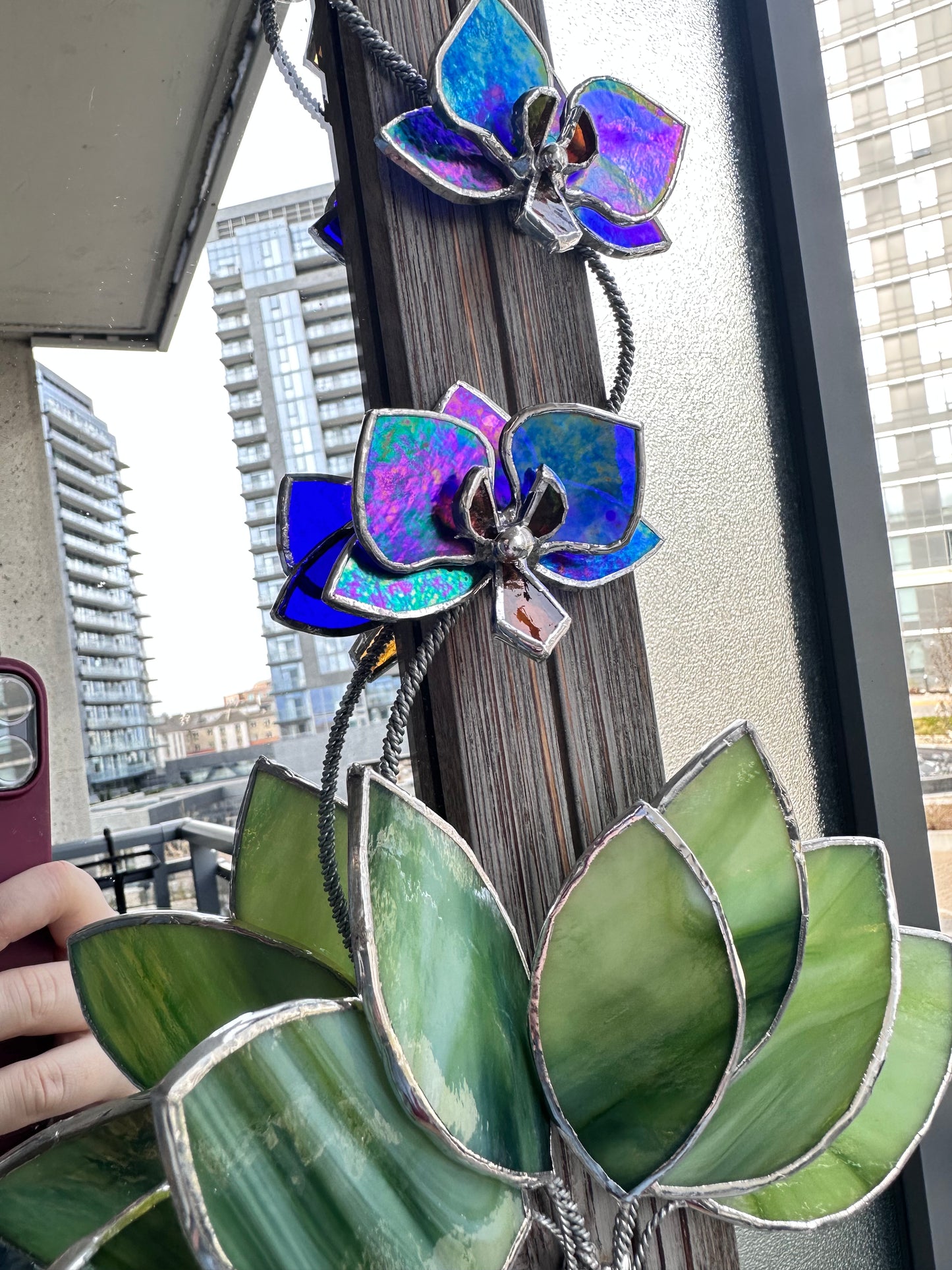 ". Blooming Orchid Indigo iridescent" Stained glass flower Mirror, Wall decor, Wedding, Christmas gift