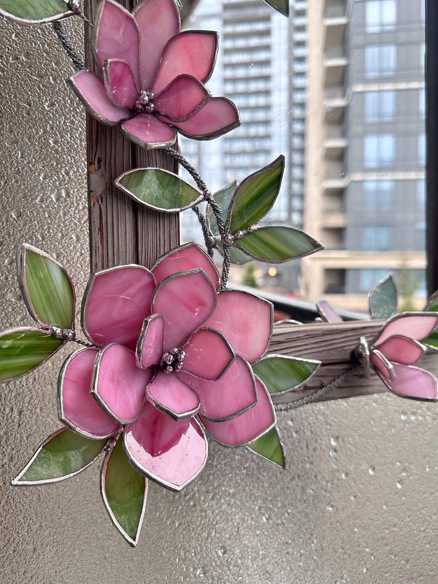 " . Flower Mirror Pink Magnolia, Stained glass Wedding Wall Decor Christmas gift, Suncatcher