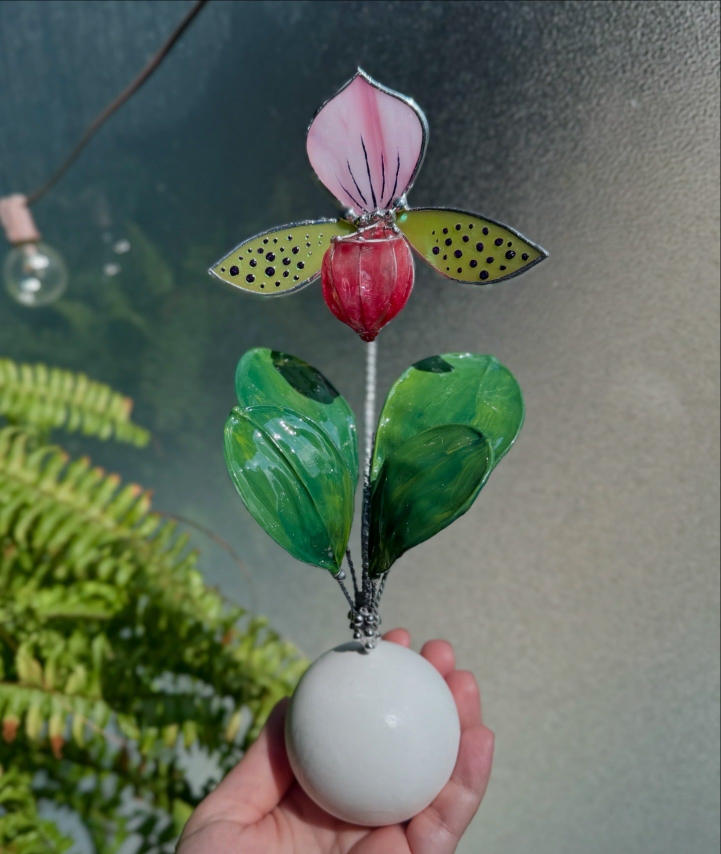 Lady’s Slipper Orchid, Handpainted Artificial Flower With Resin Leaves, Botanical Art Stained glass