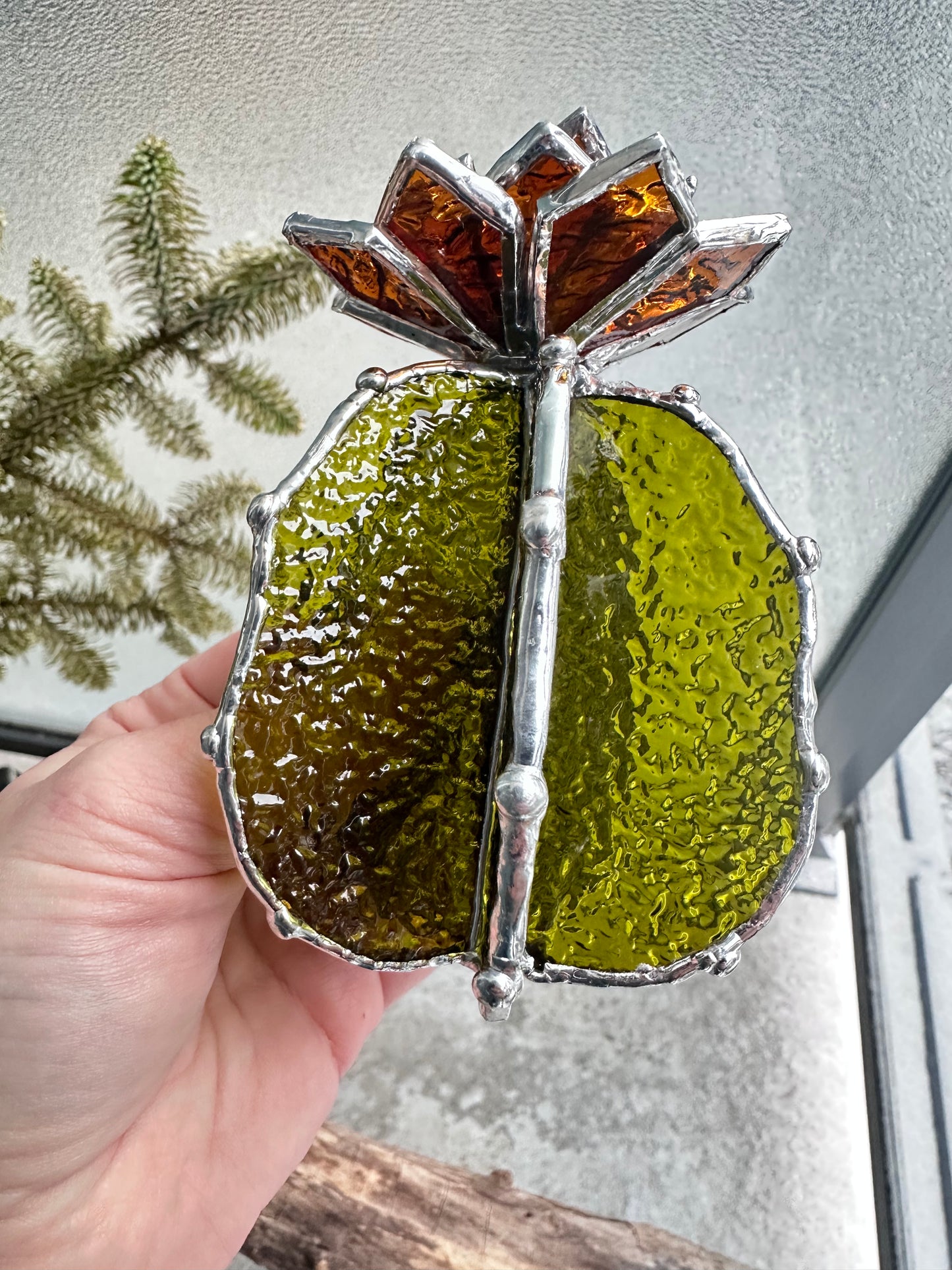 "Cactus blooming Amber Semi-Transparent XL" Stained glass Succulent 3D design, house plant for flower pot, Sun catcher, glass art, wedding decor