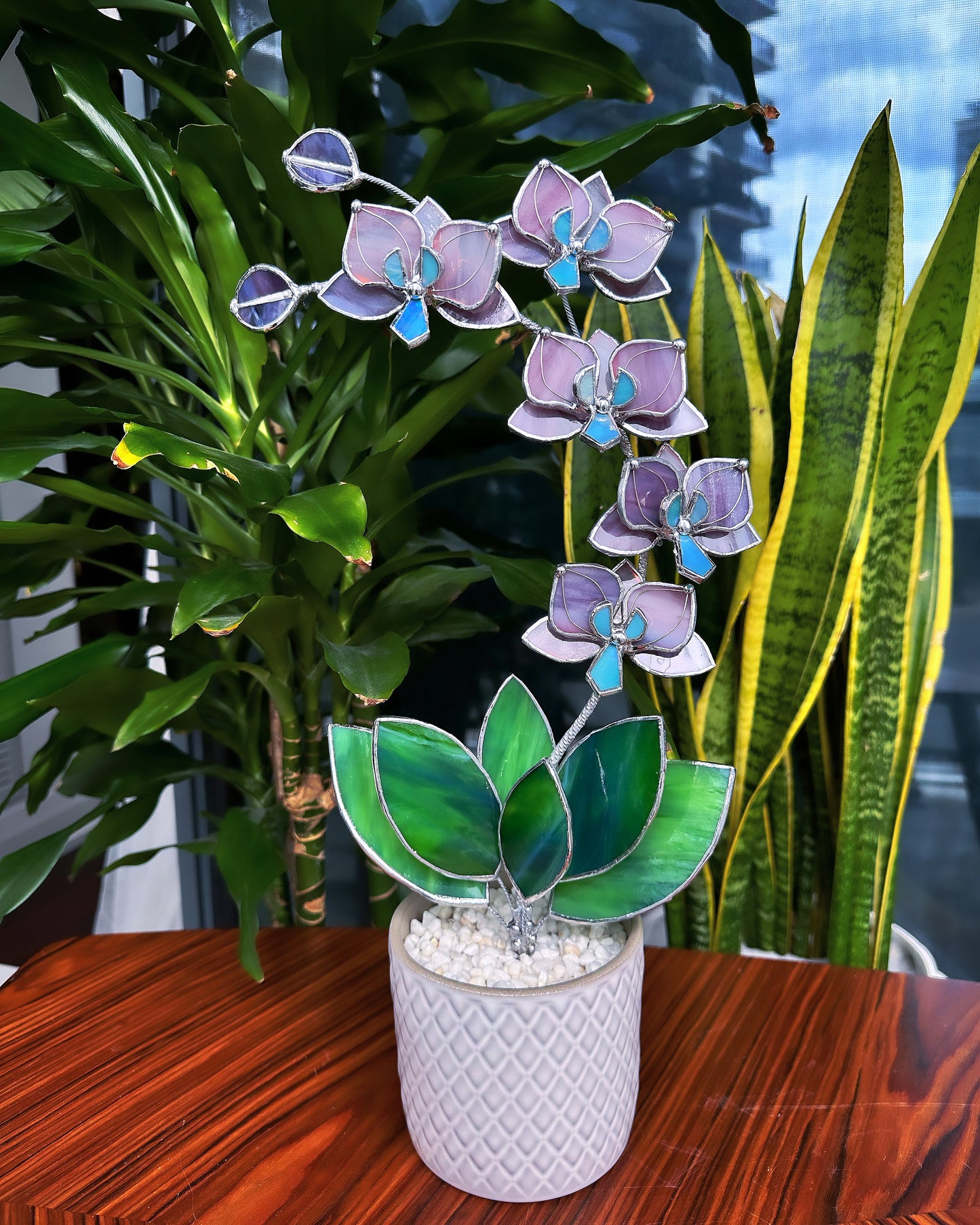 " .Dusty Rose translucent Orchid 5 flowers with pot" Stained glass tropical flower 3D, Sun catcher, Table plant, Garden stick, wedding decor, Christmas gift