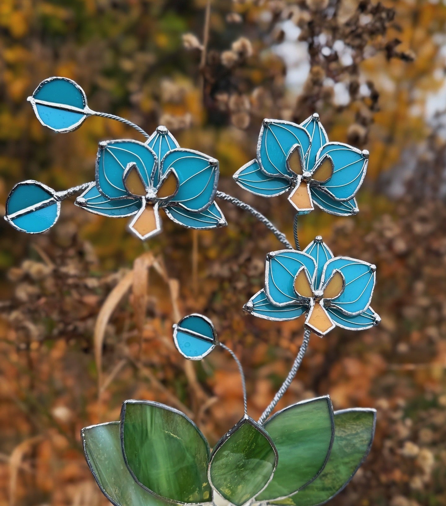 " . Tiffany turquoise Orchid 3 flowers with pot” Stained glass tropical flower 3D, Sun catcher, Table plant, Garden stick, Outdoor and gardening decor, available