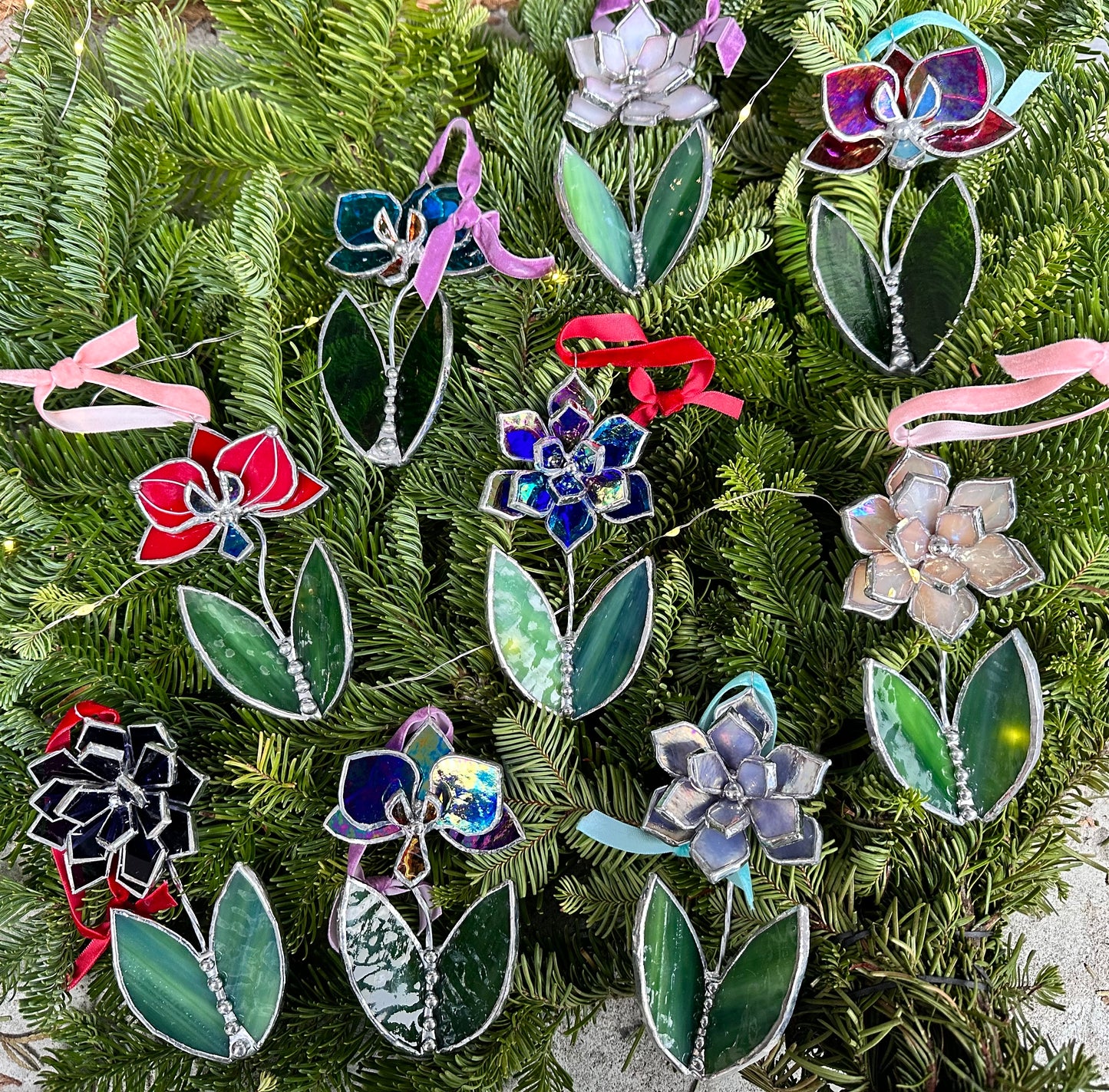 Christmas tree ornaments Flower Mix of 3, 5. Stained glass Wall window decor, holiday decorations, lights