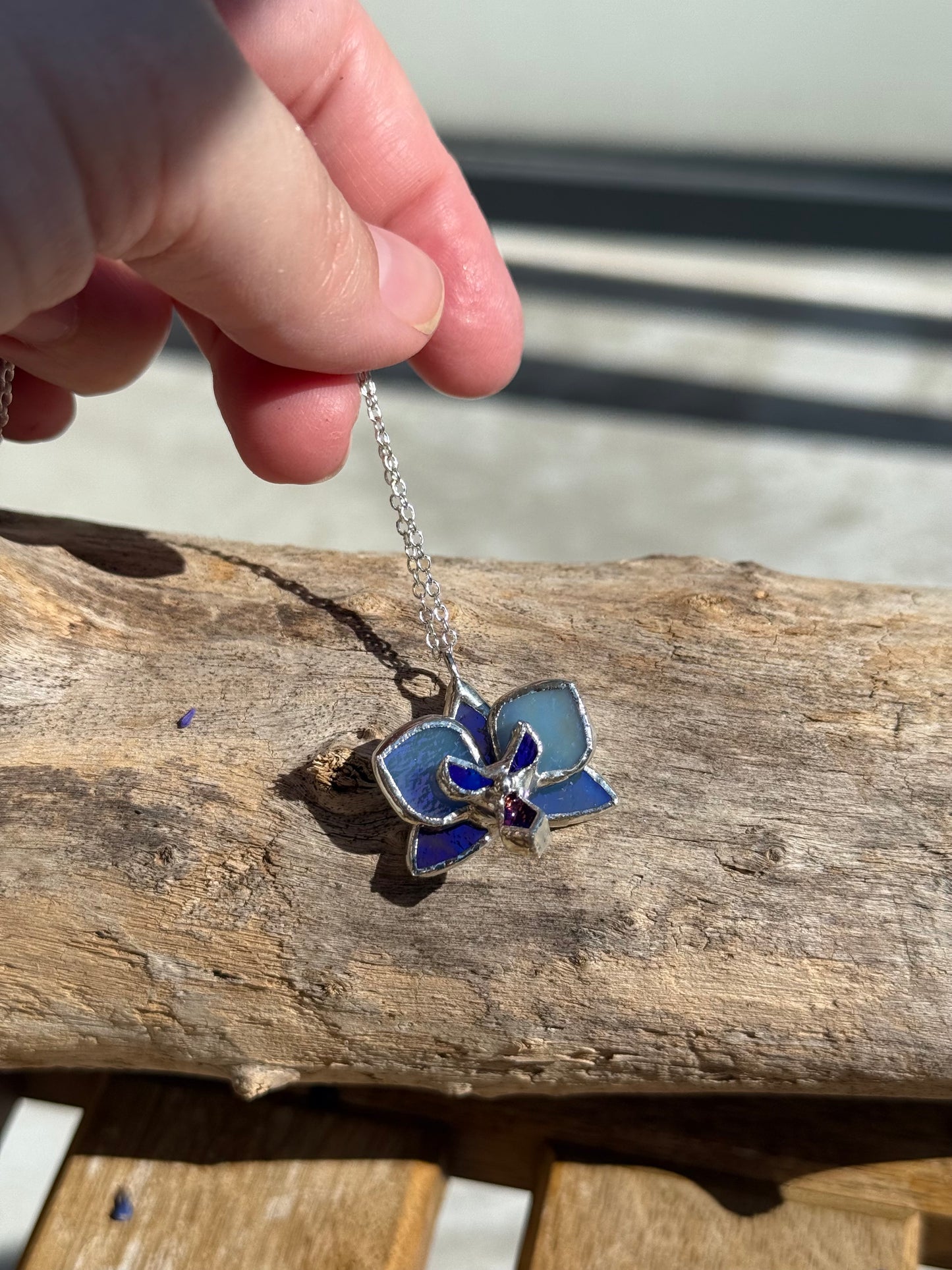Blue lavender Orchid Irid, Stained Glass Necklace Handmade Botanical Jewelry