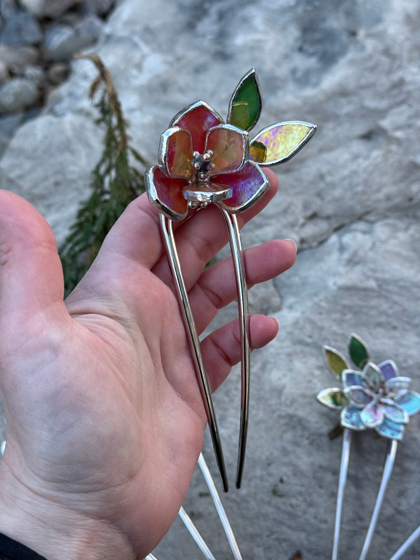 Hair Pin Stained Glass Magnolia Flower CHOOSE COLOR Handmade Floral Accessories