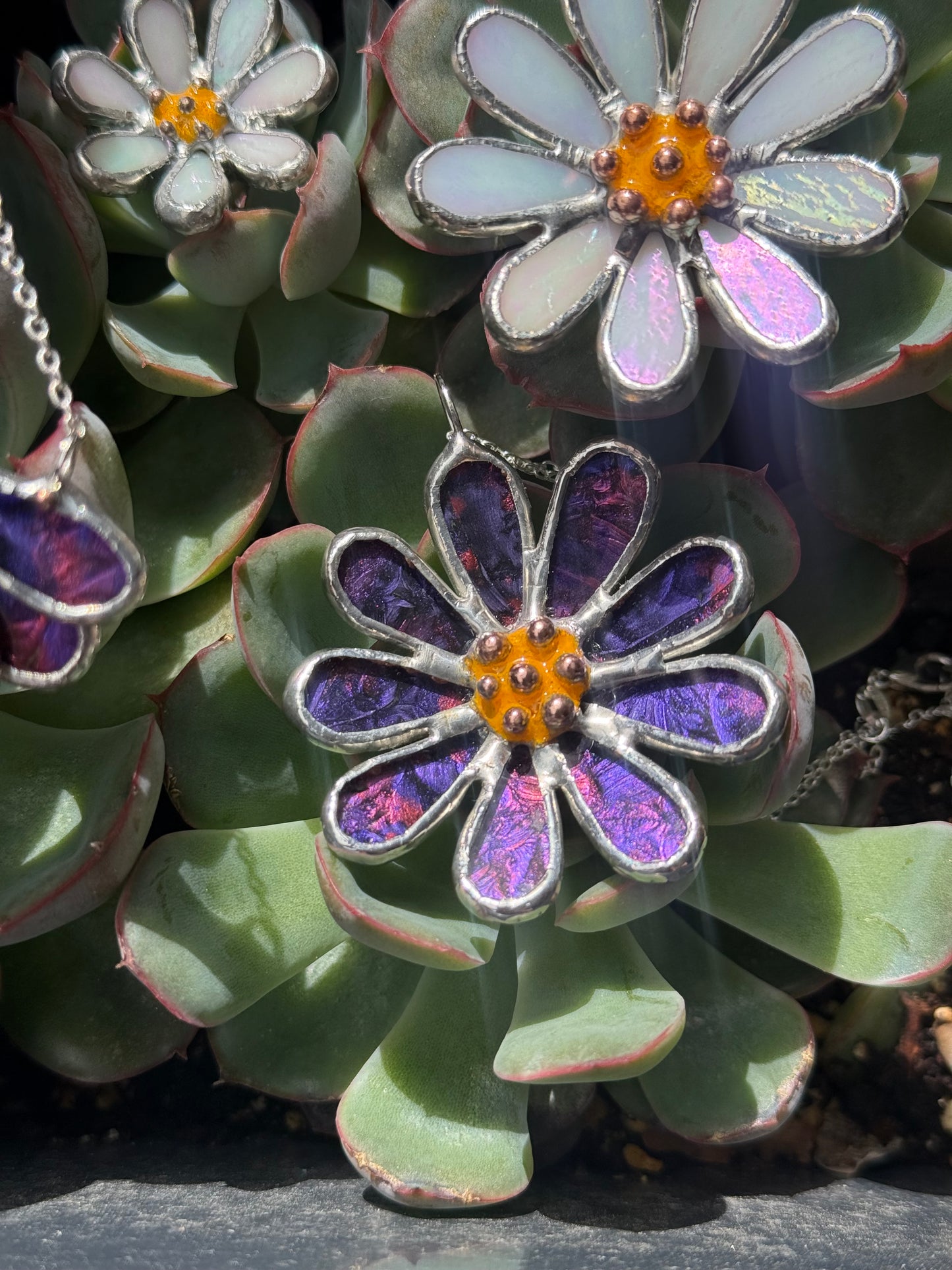 Daisy Purple & Pink, Stained Glass Necklace or Brooch, Handmade Botanical Jewelry