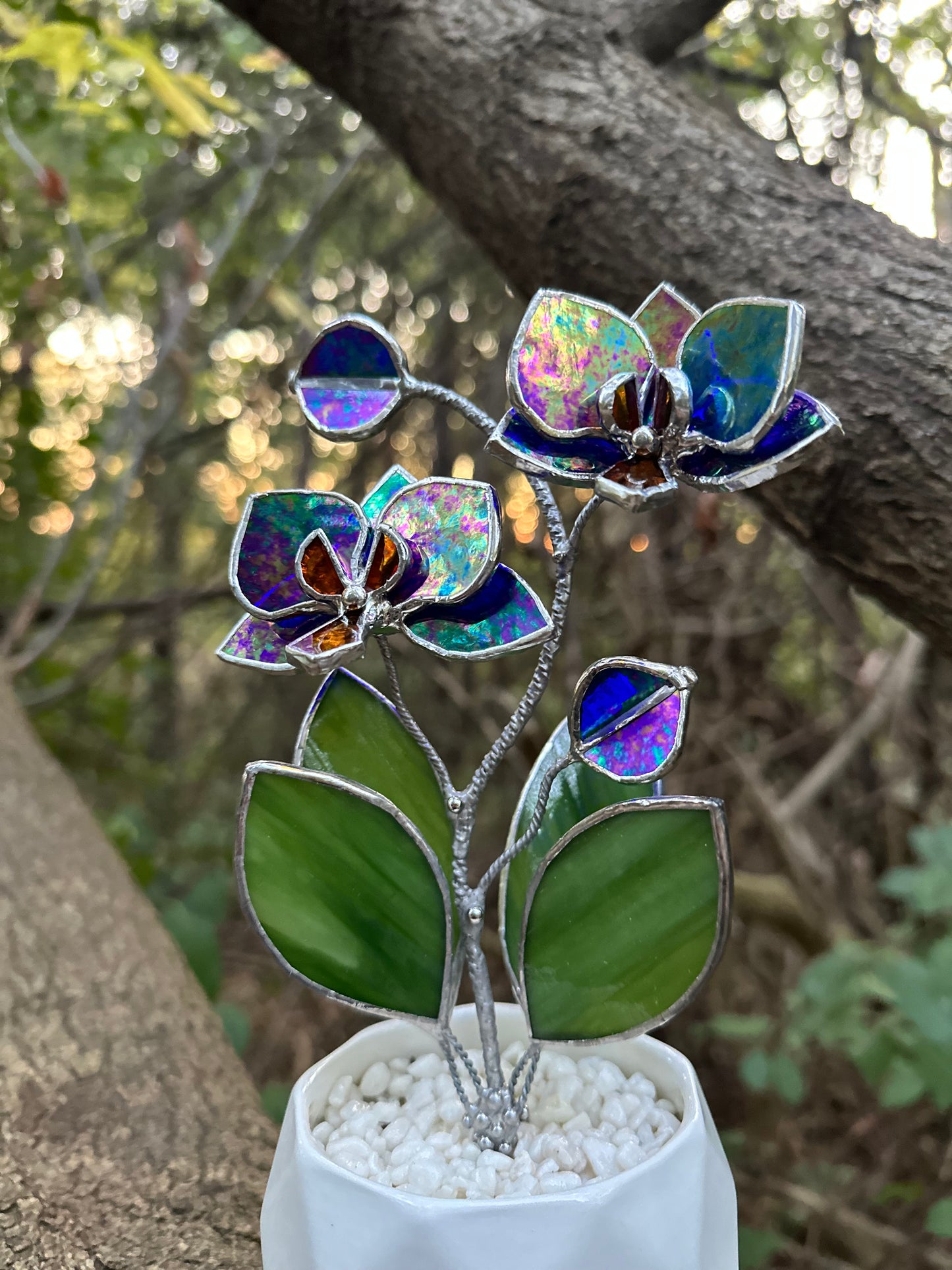 " . Indigo iridescent Orchid 2 flowers with pot” Stained glass tropical flower 3D, Sun catcher, Table plant decor, Garden stick, Outdoor and gardening decor