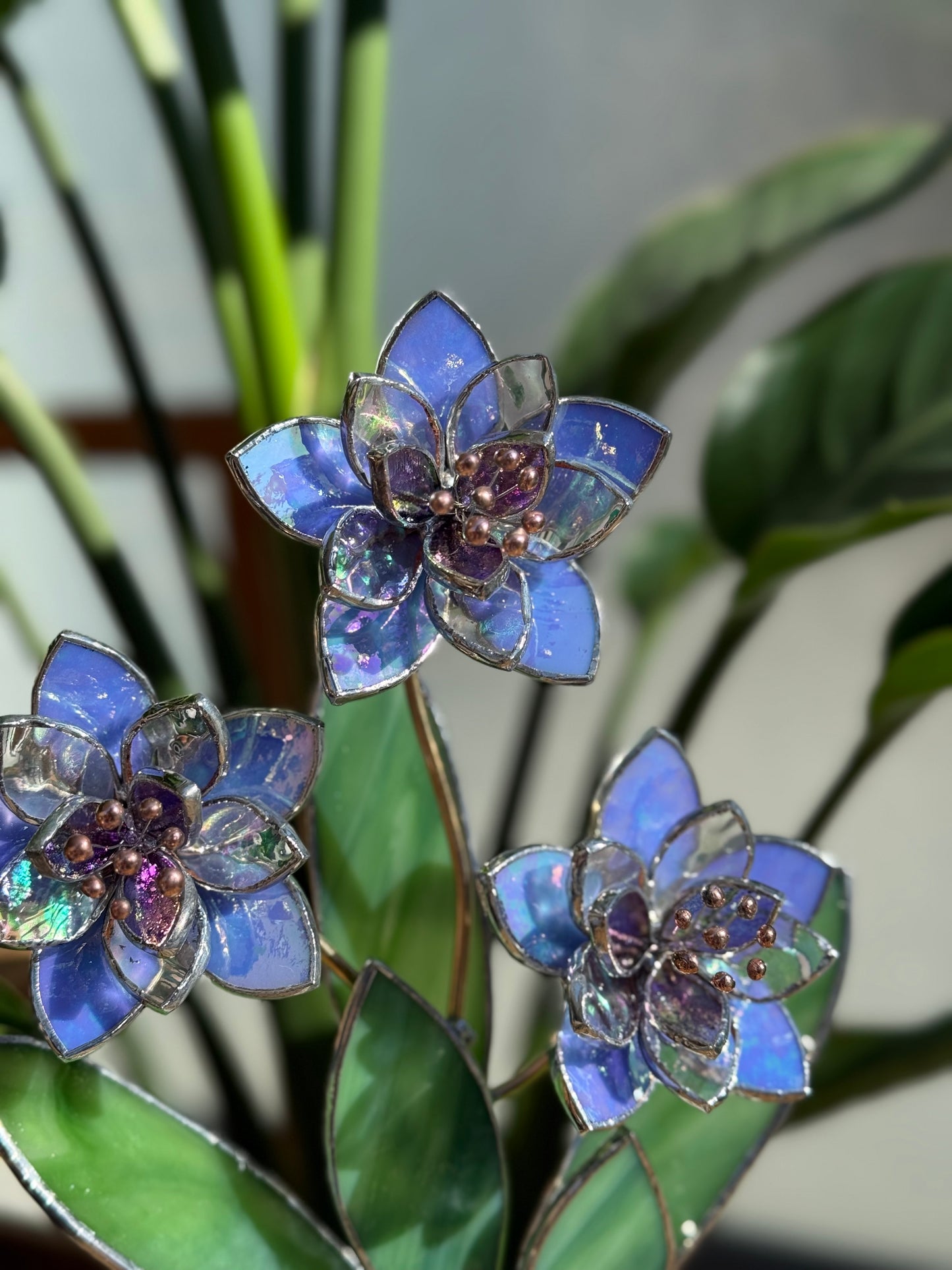 .Blue Iridescent Wildflower Stained glass Handcrafted Floral Home Decor new