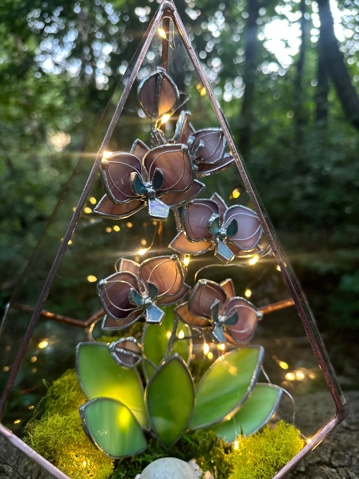 " . Geometric glass 3D terrarium Teardrop with stained glass orchids. Wedding glass decor, Mother’s Day  gift, glass art, suncatcher, succulents, cacti