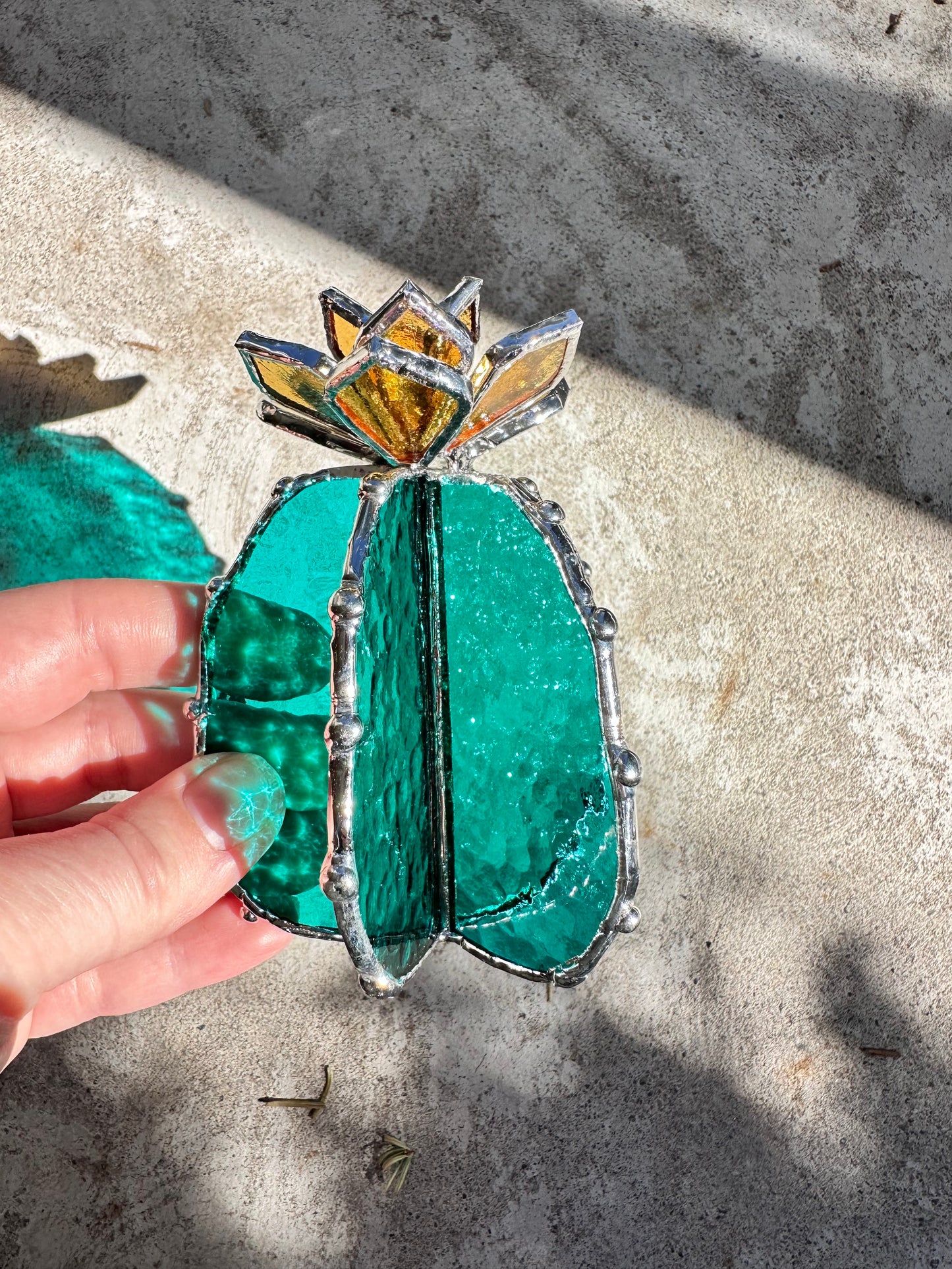 "Cactus turquoise  & yellow iridescent" Stained glass Succulent 3D design, house plant for flower pot, Sun catcher, glass art, wedding decor