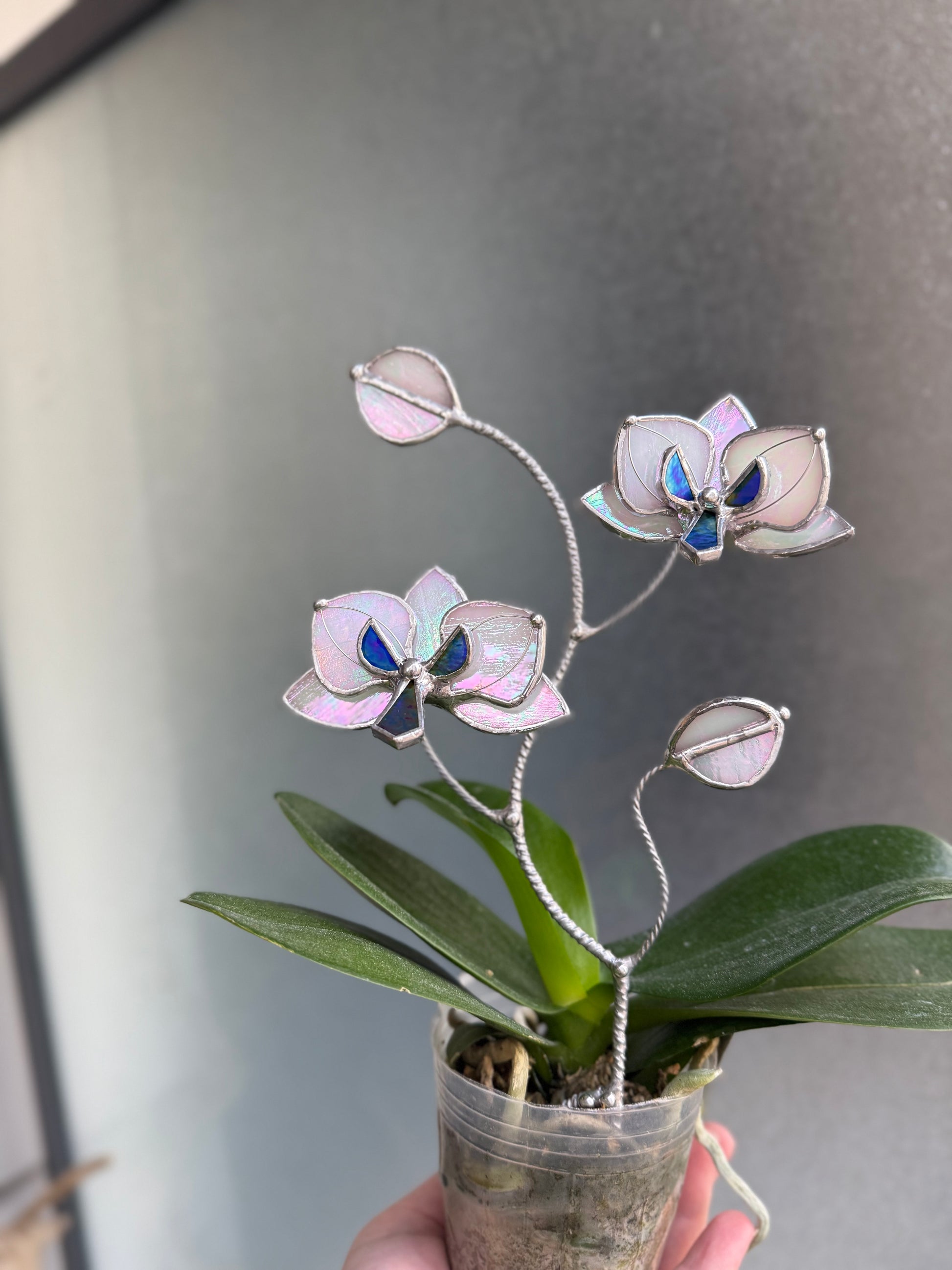 white glass plant pot Orchid White pearl Stained Glass Plant Stake, Botanical Pot Decor