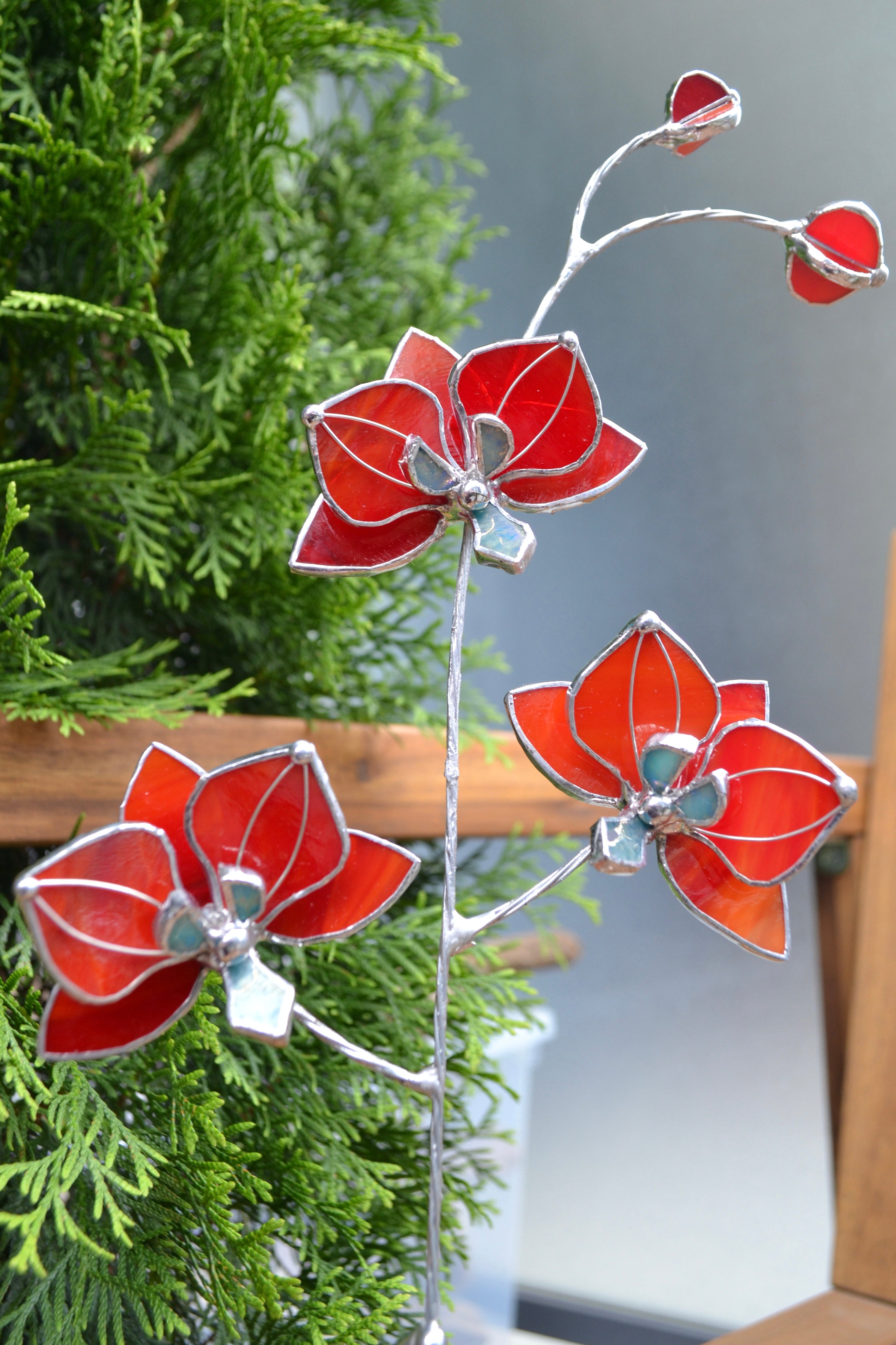 Red orchid, Stained glass red orchid, Glass 2024 flower 3d, Flower for a vase or flowerpot, garden decor, Stained glass gift for mom, suncatcher