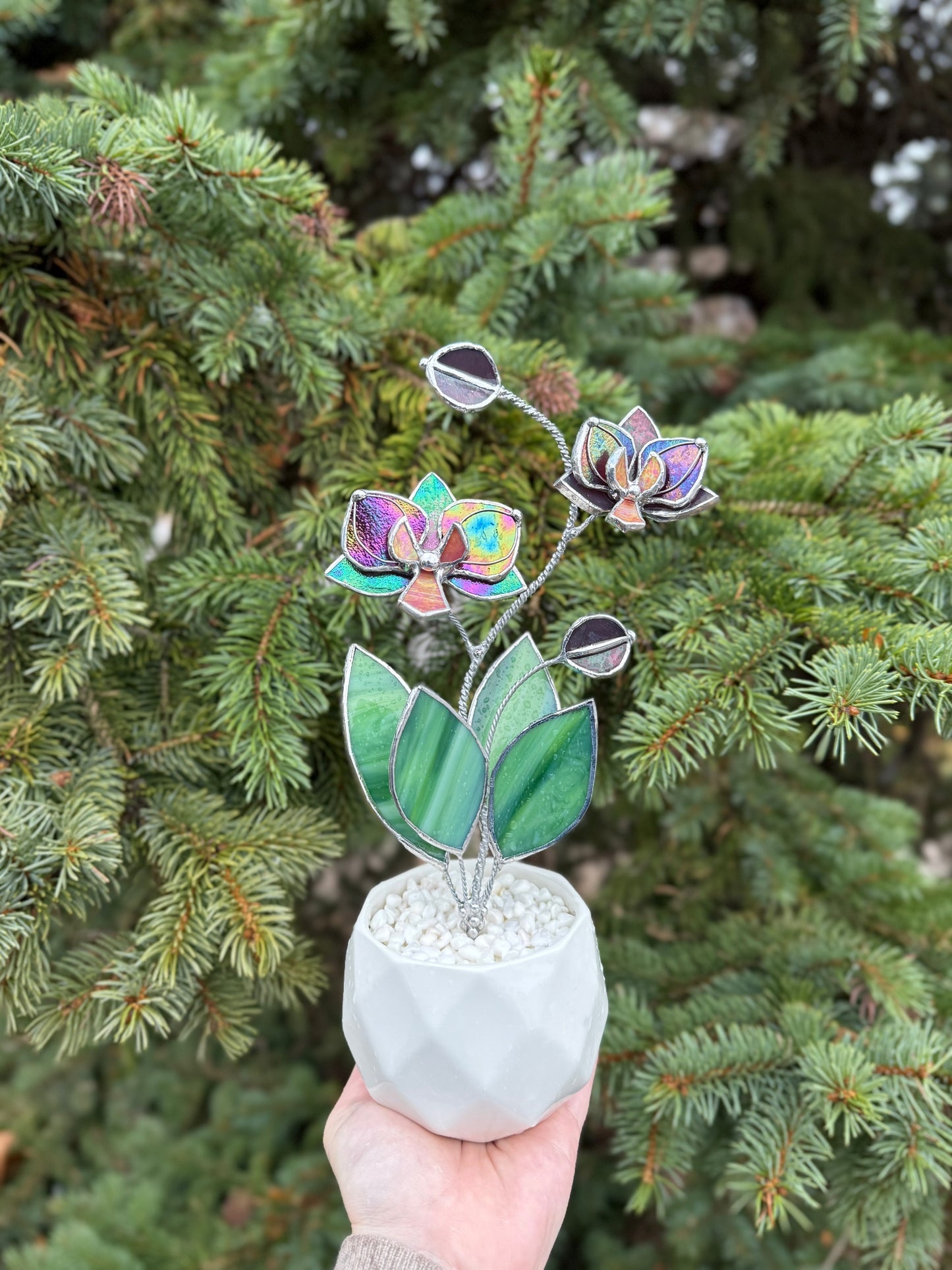 " . Mauve iridescent Orchid 2 flowers with pot” Stained glass tropical flower 3D, Sun catcher, Table plant decor, Garden stick, Outdoor and gardening decor