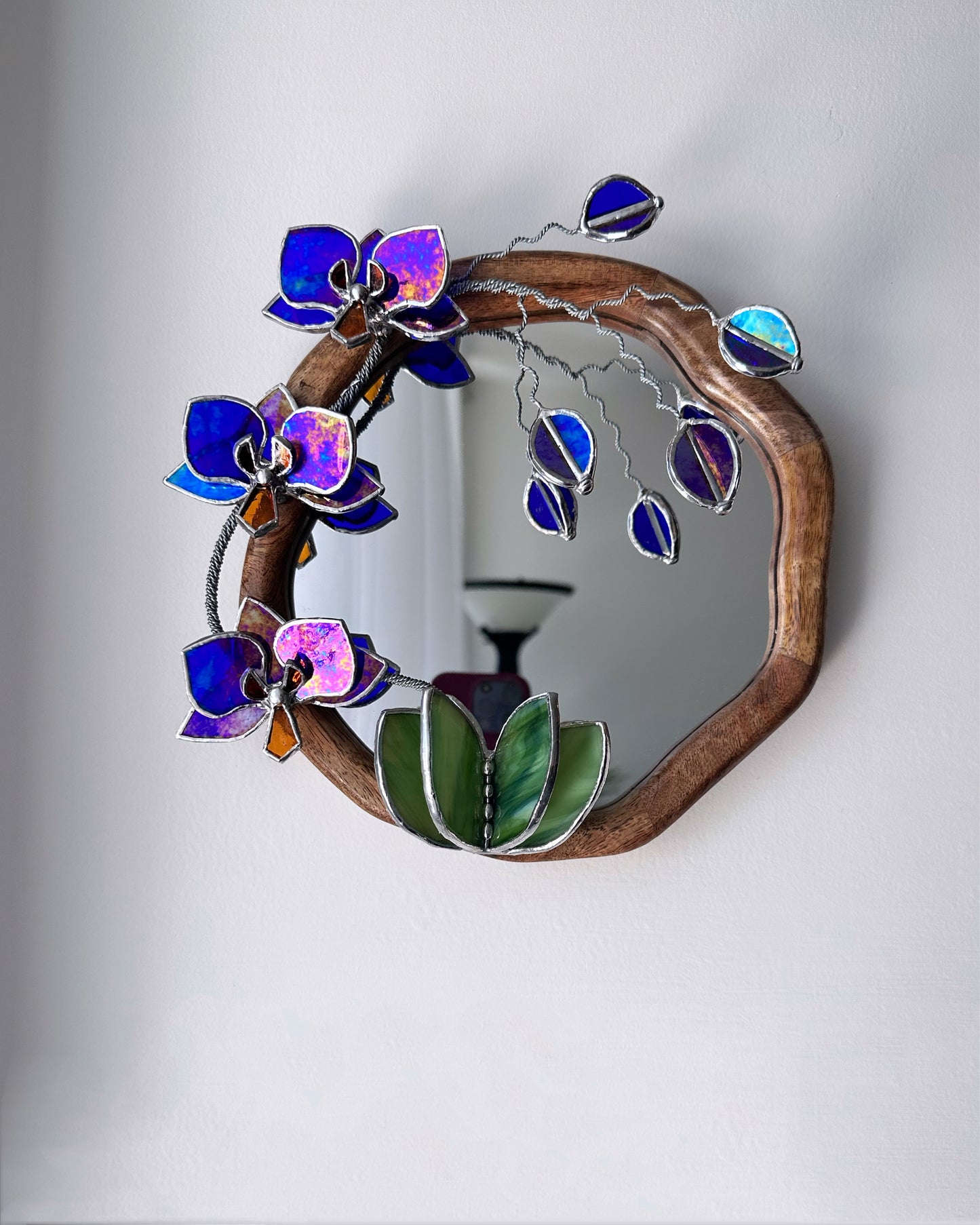 ". Amethyst gold luminescent Orchid" Mirror Stained glass flower Wall decor.  Sun catcher Wooden frame Home wedding Decor Art. Christmas gift