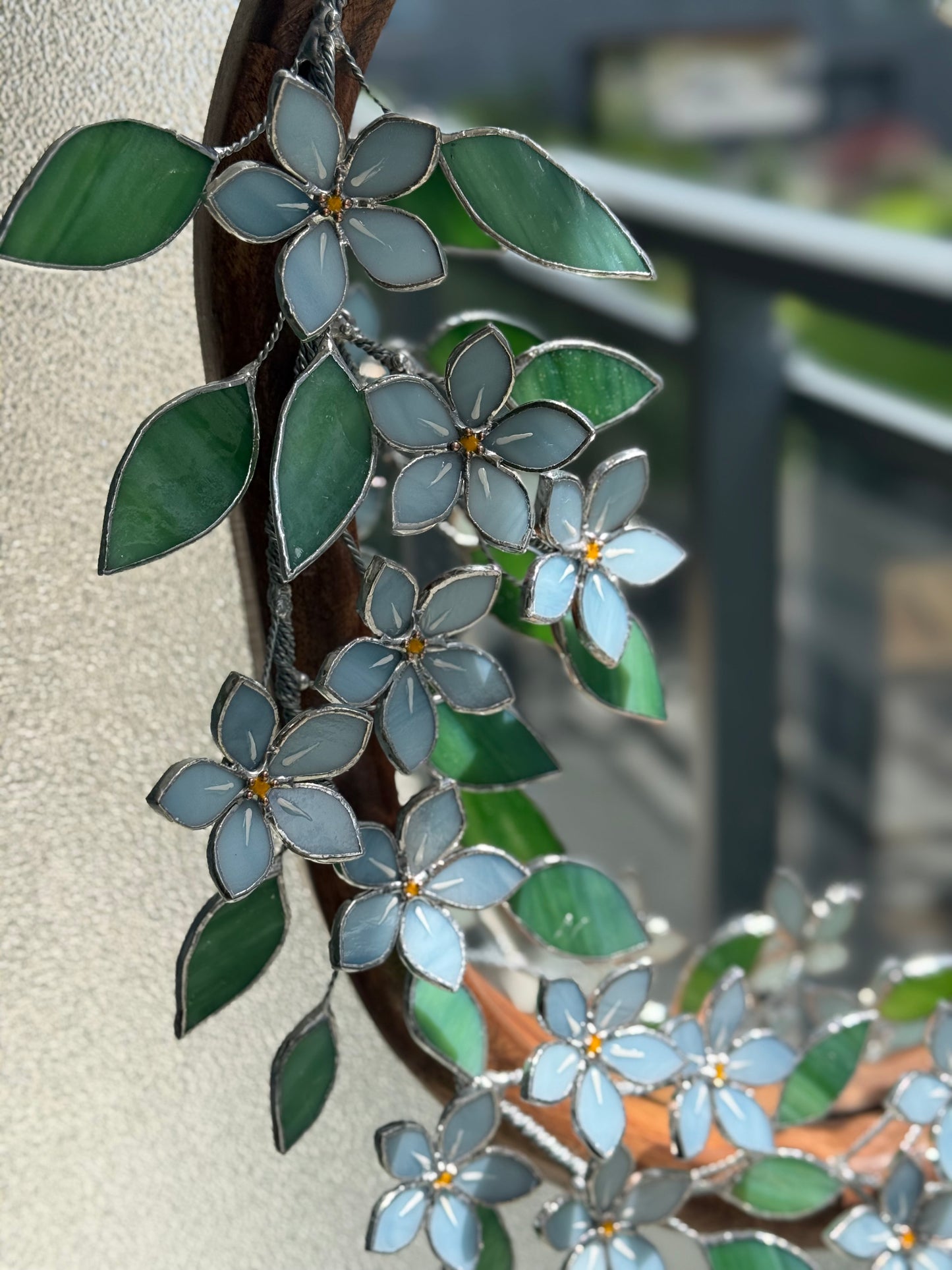 .Forget Me Nots Stained glass Wall Mirror, 3D Botanical Floral Art ready