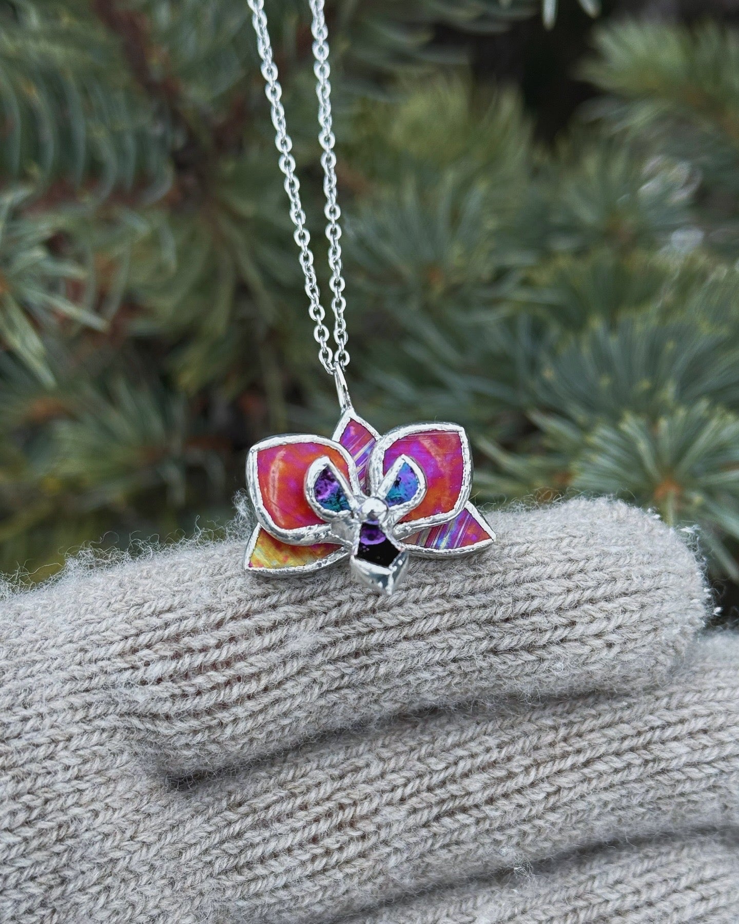 " . CHOOSE COLOR “NECKLACE orchid flower” Stained glass tropical flower 3D, art jewelry