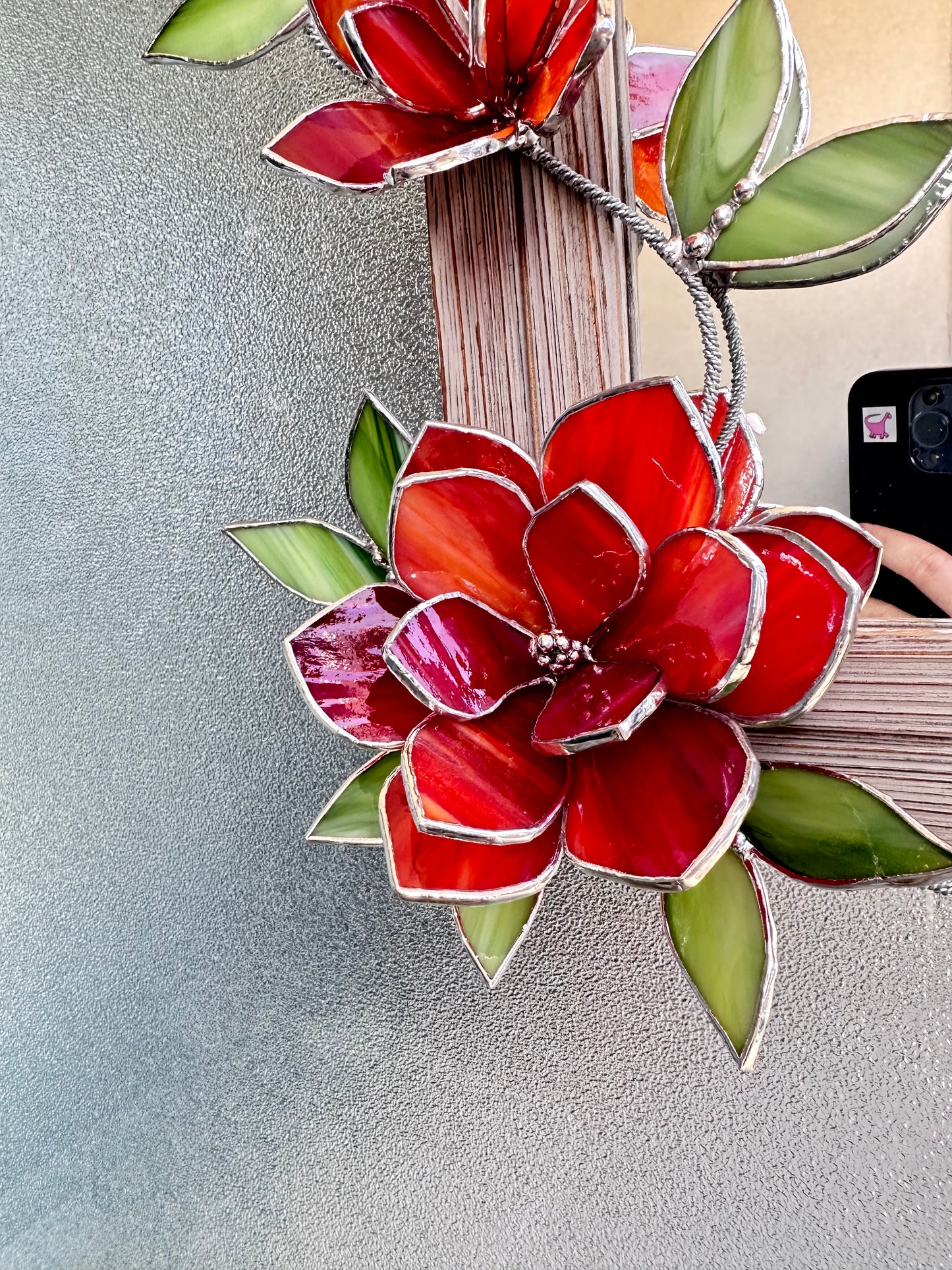 ".Stained glass flower Mirror Magnolia Red & Beige " Wedding Wall Decor, gift Everlasting flower, Suncatcher, Echeveria