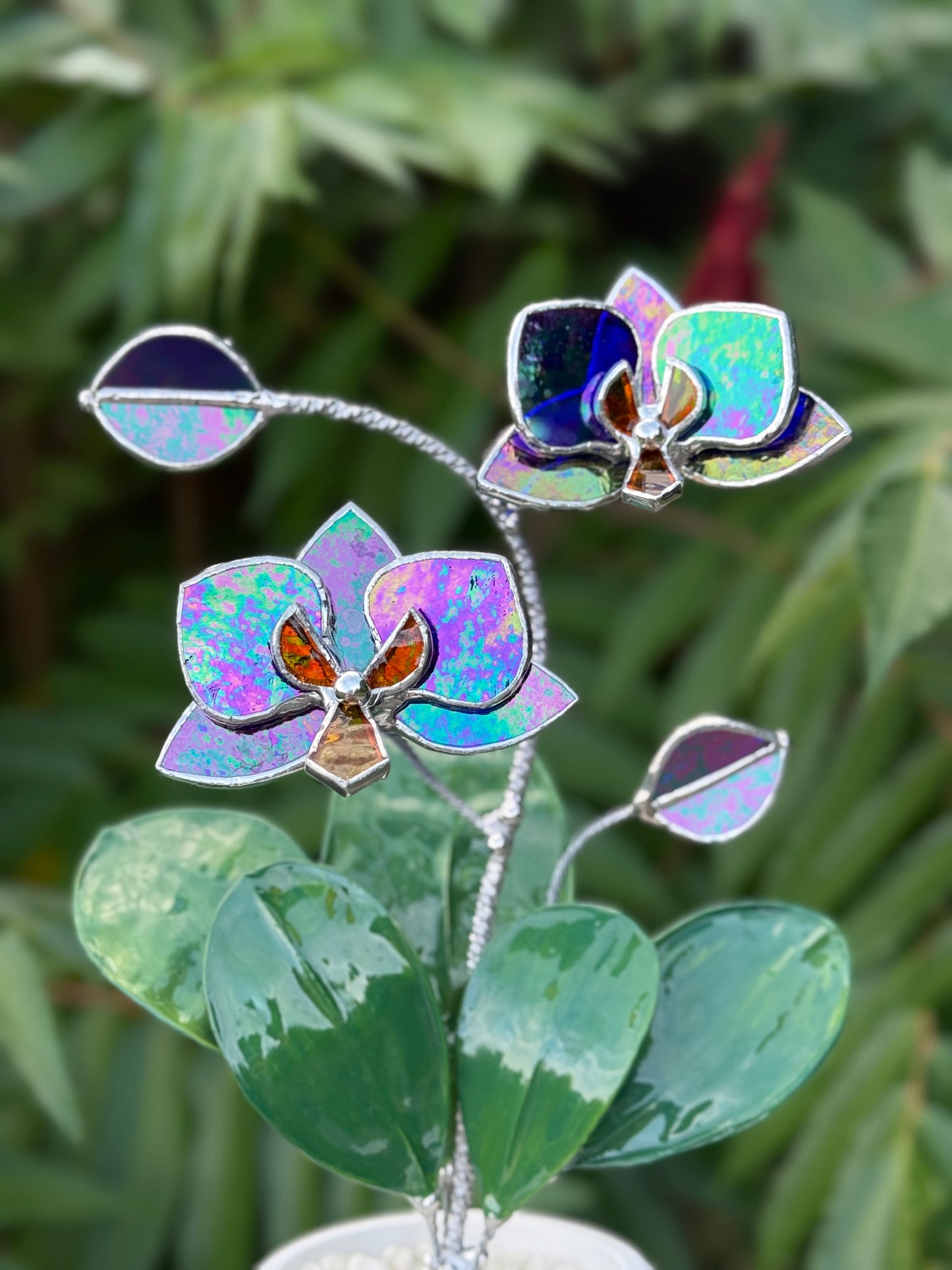 Indigo iridescent Artificial Orchid WITH RESIN Hand painted LEAVES 2 flowers with bud in a Pot, Botanical Art Sculpture