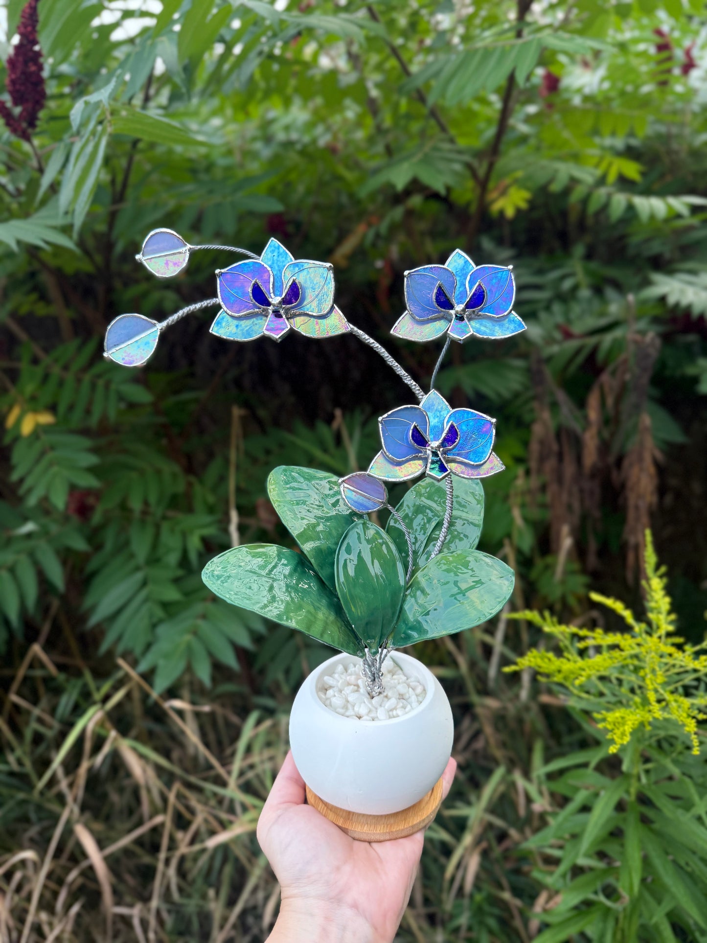 Orchid Lavender Blue Stained Glass WITH Hand Painted RESIN LEAVES, 3 Flowers, Botanical Table Decor