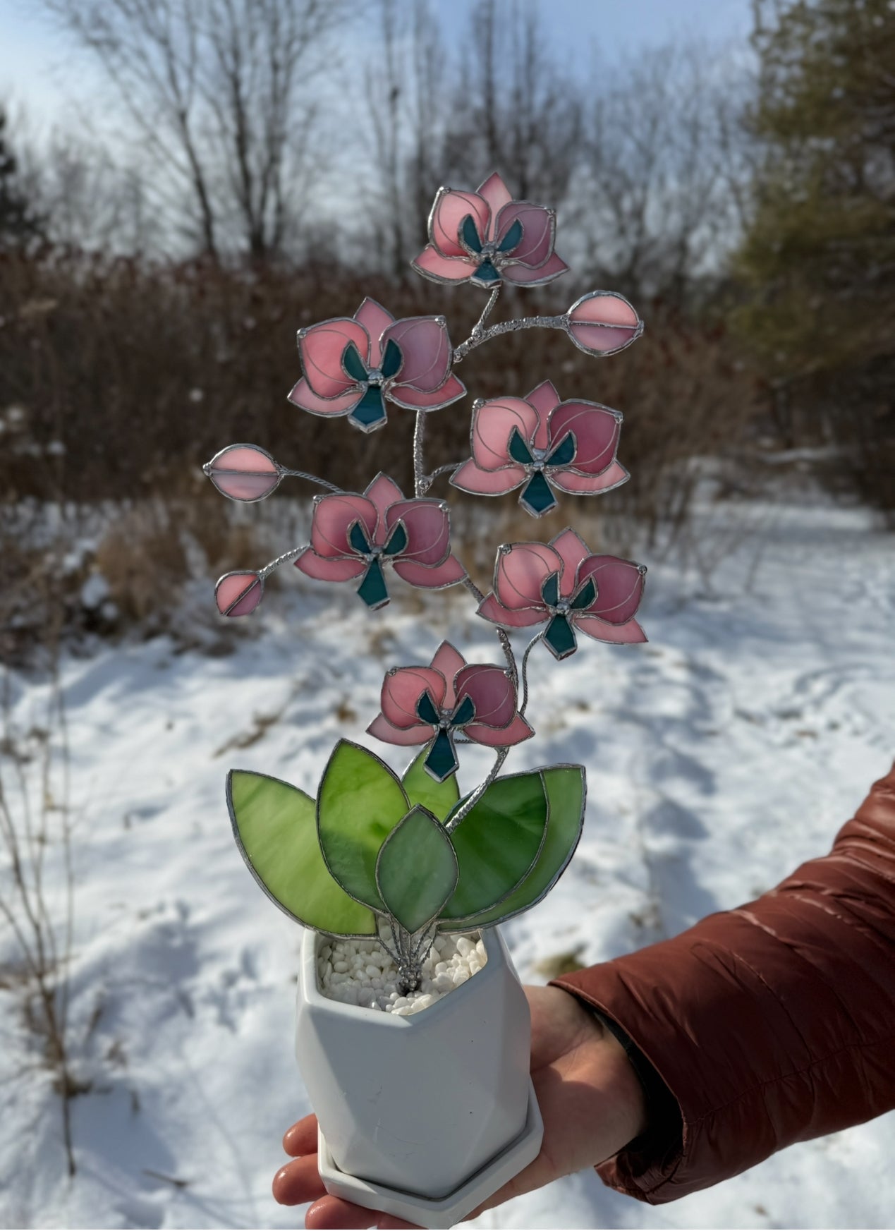 " . Bright Pink Orchid 6 flowers with pot" 2025 design, Stained glass tropical flower 3D, Sun catcher, Table plant, Garden stick, wedding decor, Christmas gift