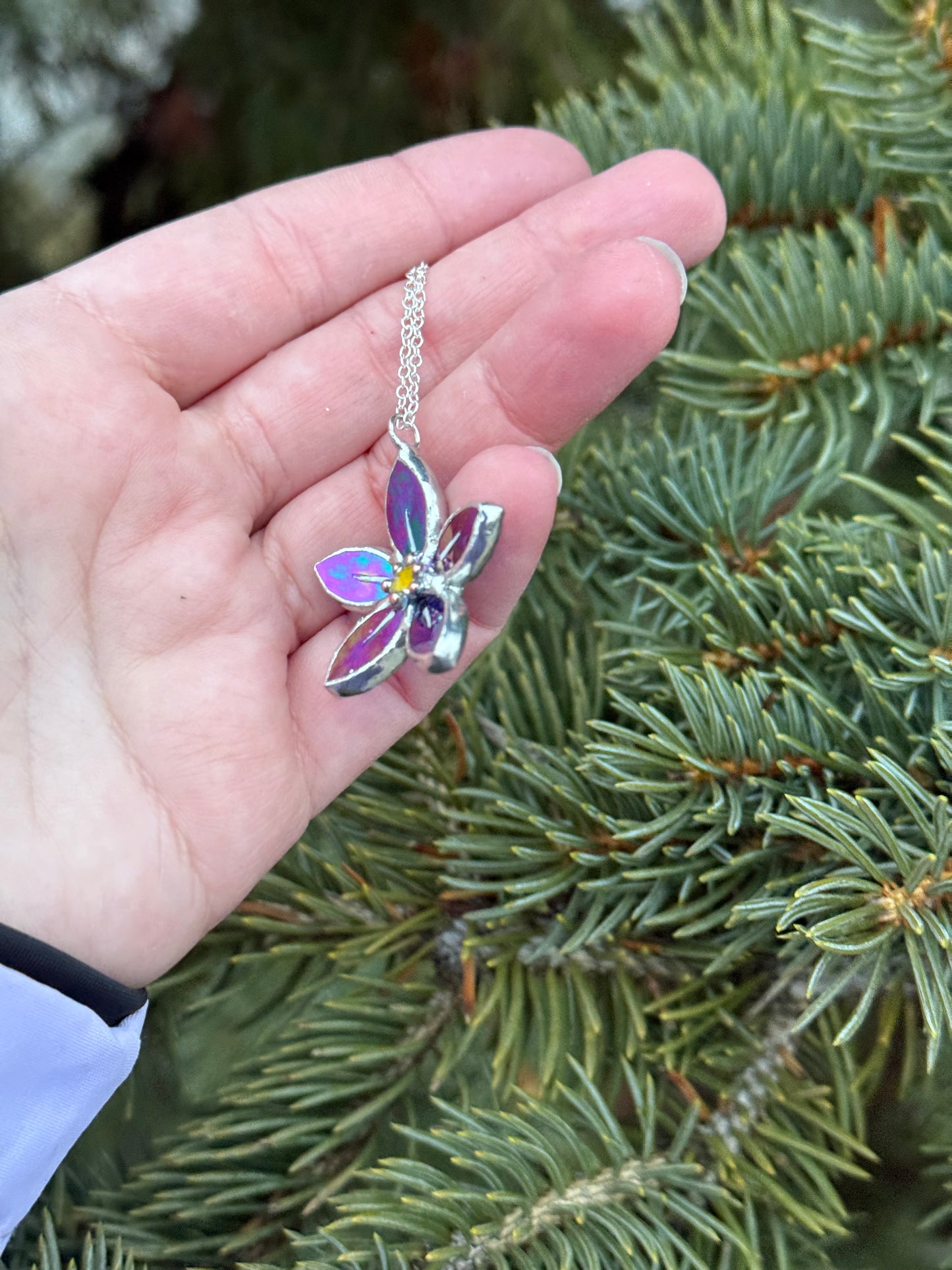 Forget Me Not Necklace Stained Glass Necklace Indigo, Botanical Jewelry