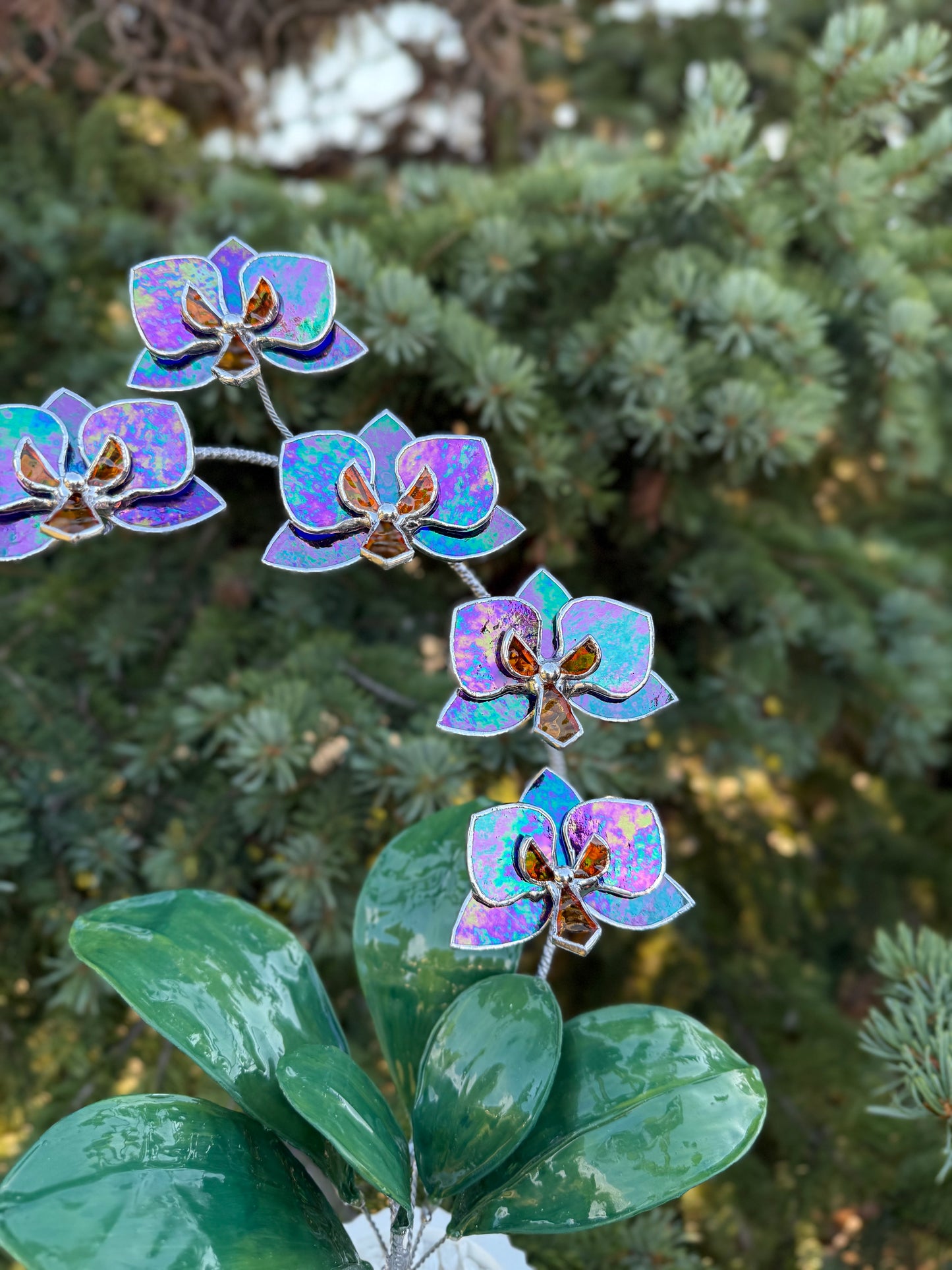 .Amethyst indigo Orchid, WITH RESIN LEAVES, 5 Flowers, Handmade Stained Glass Botanical Art Decor