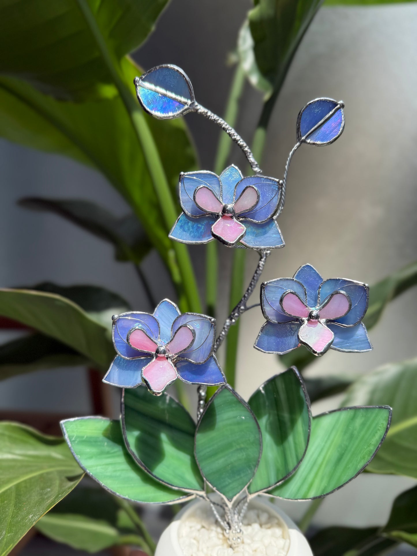 .Blue Lavender Orchid in a pot, 3 flowers Botanical Stained Glass Modern Art Decor new