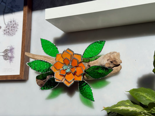 .Tropical flower Stained Glass Driftwood Wall Decor Suncatcher