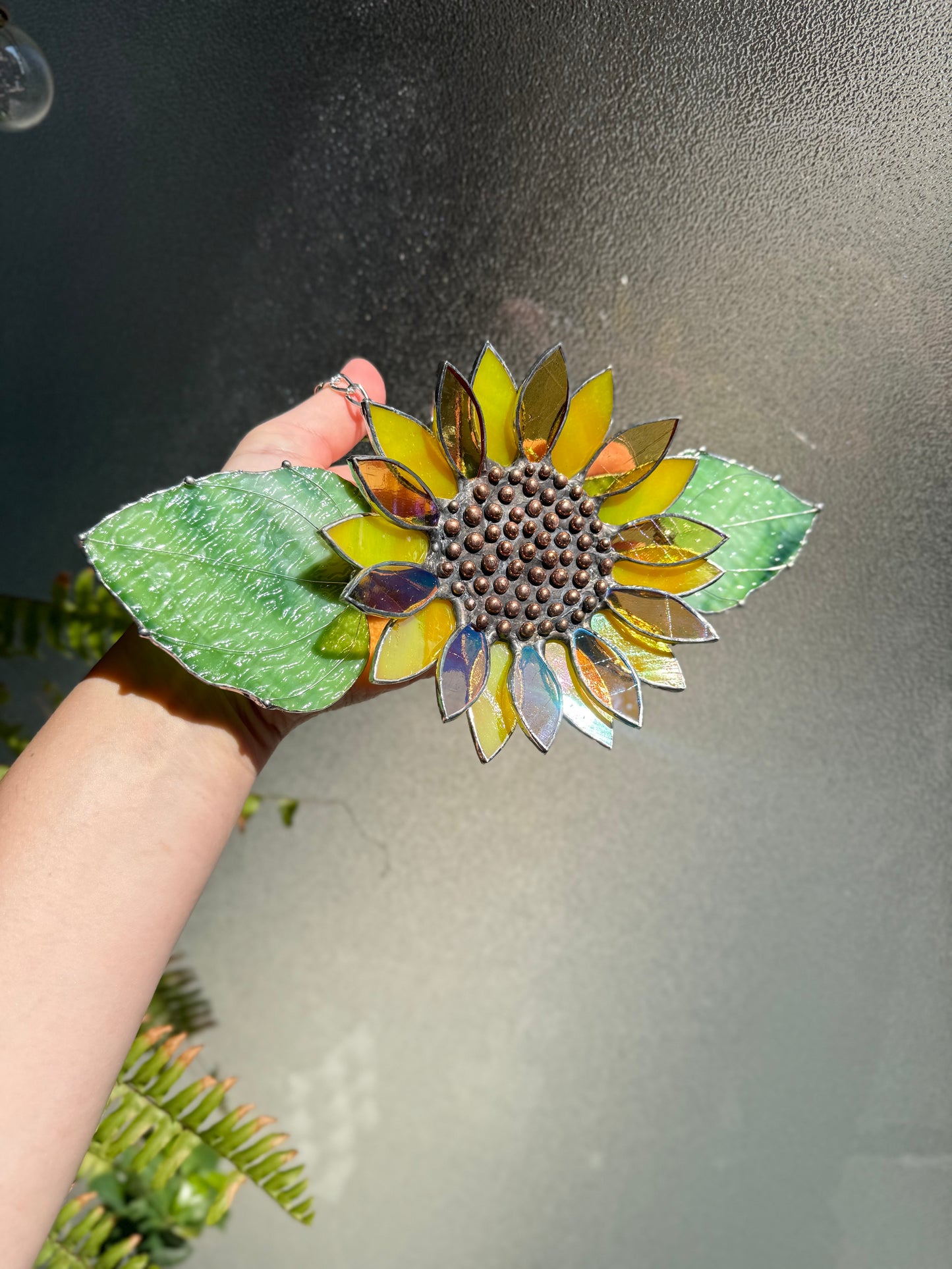 .Bright Yellow Sunflower Stained Glass Sun catcher, Wall Art Decor ready