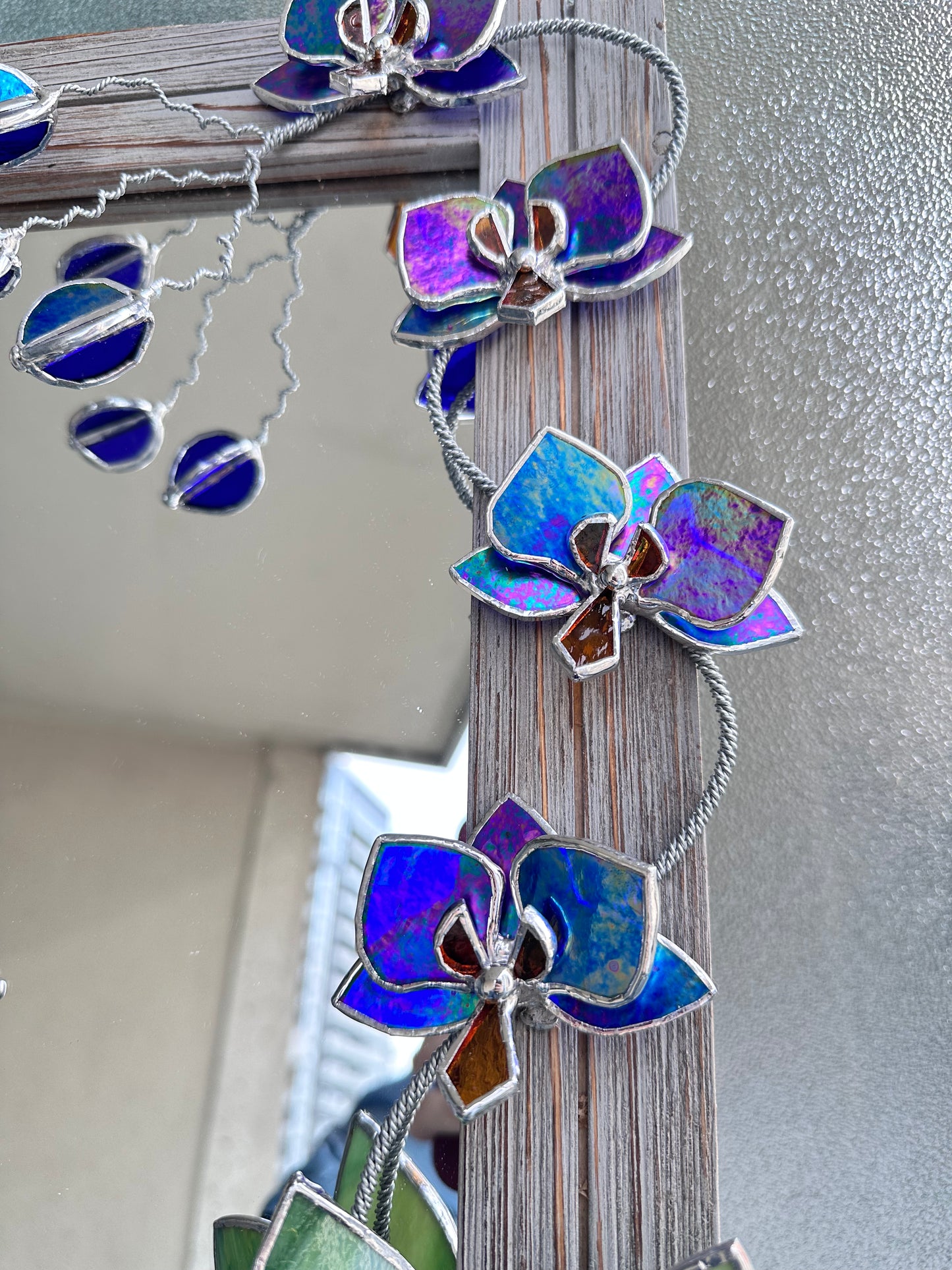 ". Blooming Orchid Indigo iridescent" Stained glass flower Mirror, Wall decor, Wedding, Christmas gift