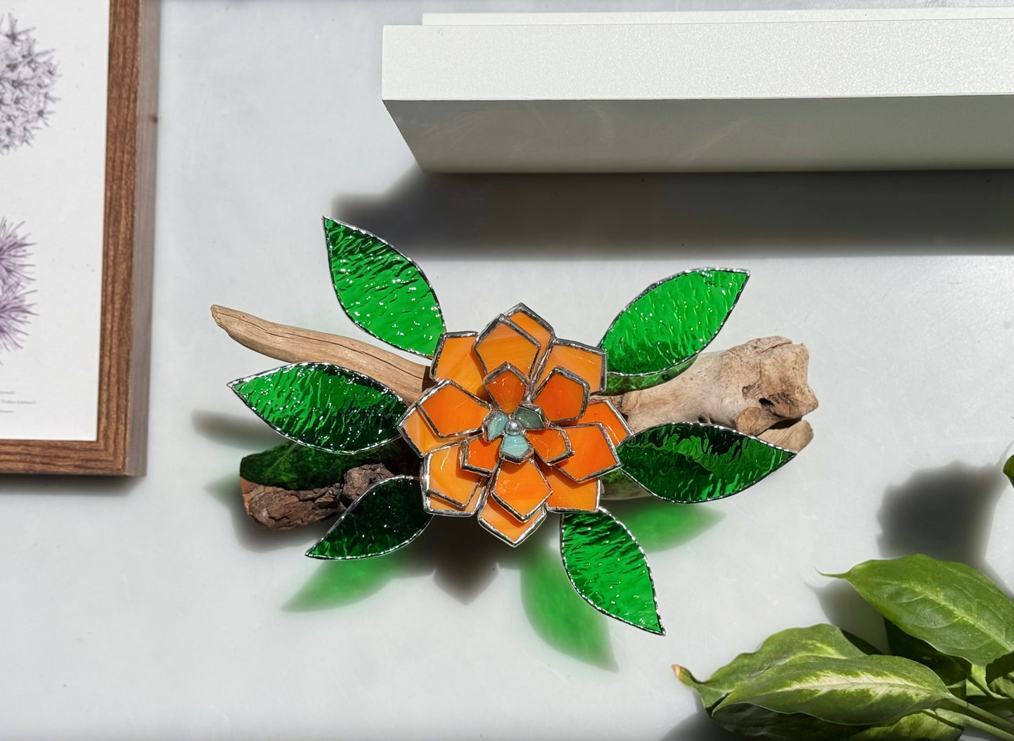 .Tropical flower Stained Glass Driftwood Wall Decor Suncatcher
