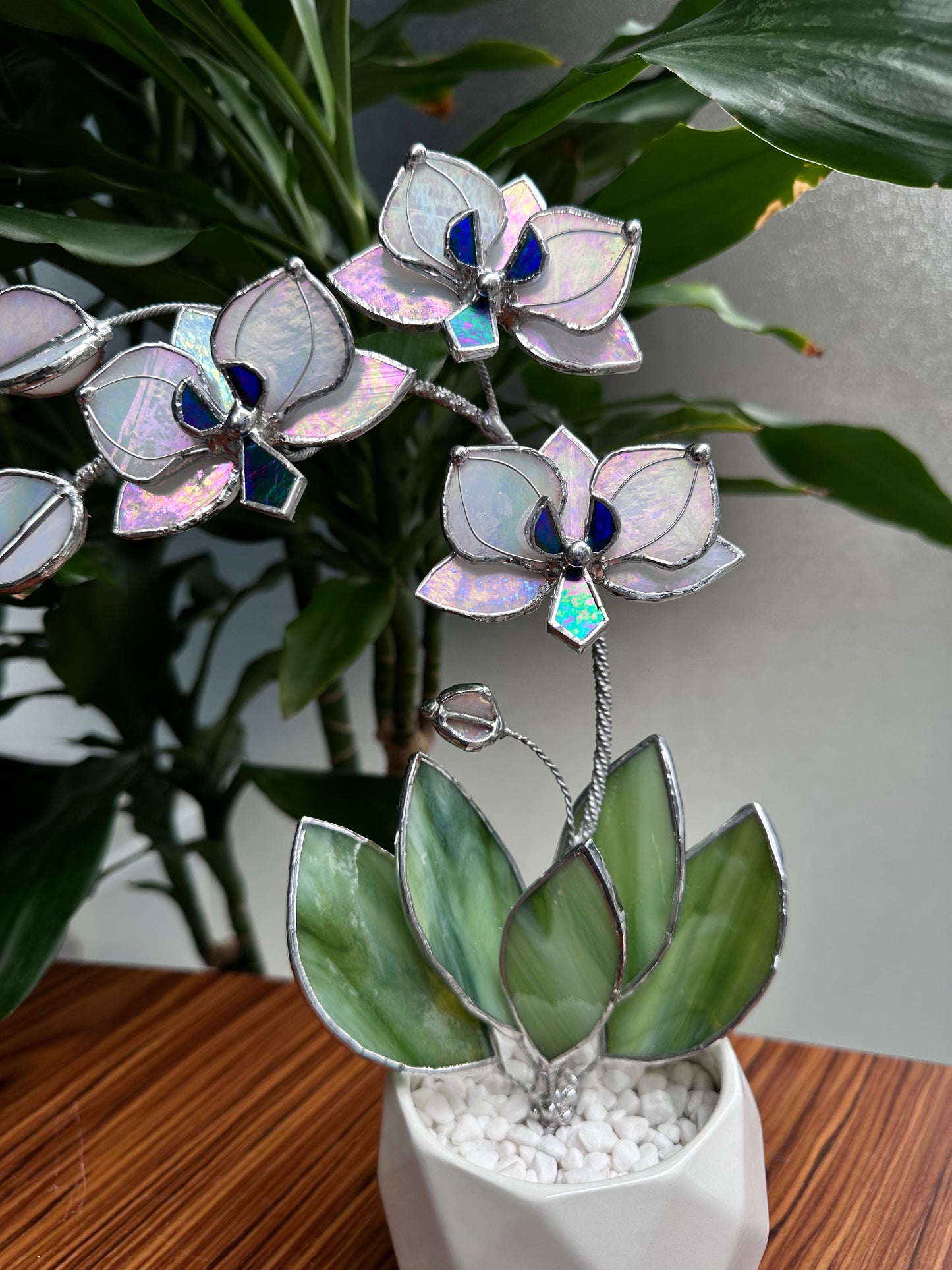 ". White Pearl iridescent Orchid 3 flowers with pot” Stained glass tropical flower 3D, Sun catcher, Table plant decor, Garden stick, Outdoor and gardening decor