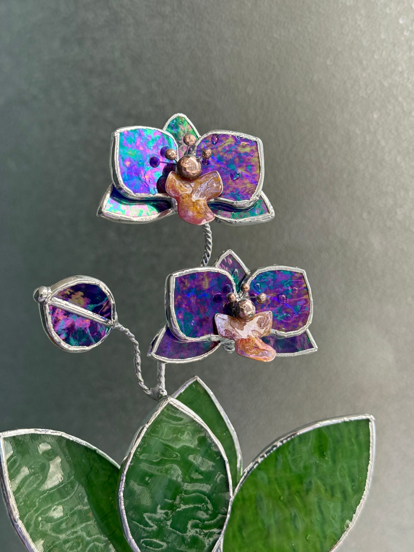 Orchid Indigo Stained Glass Artisan Flower, Botanical Table Decor