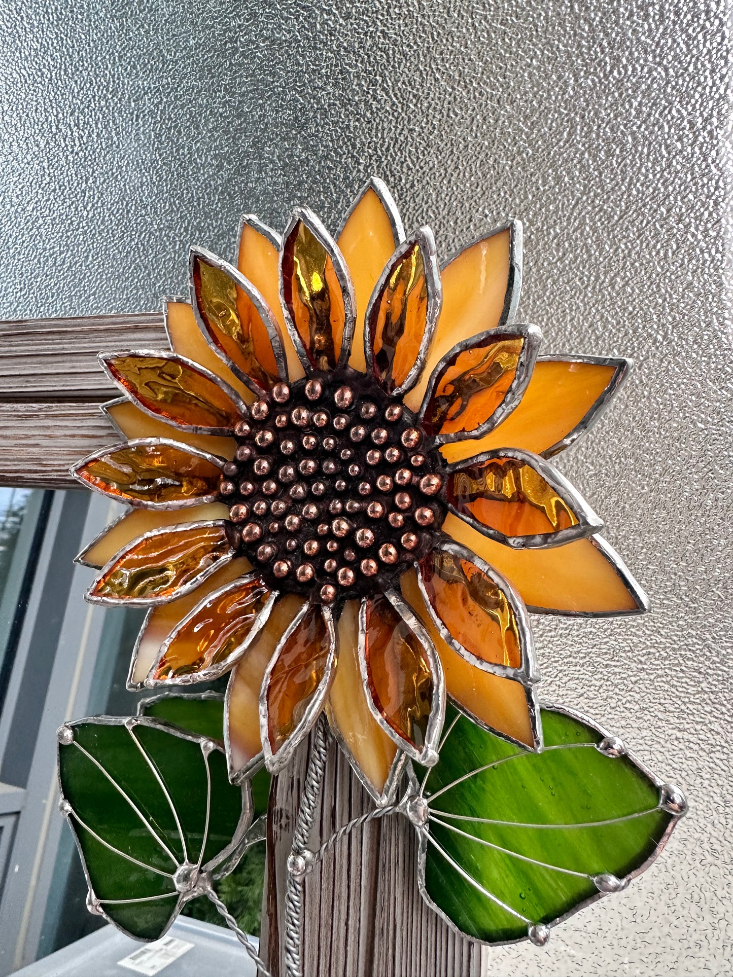 "Golden Sunflower" Stained glass flower Mirror, wall decor Art, Wedding, Christmas, gift Decoration Glass flowers Succulents