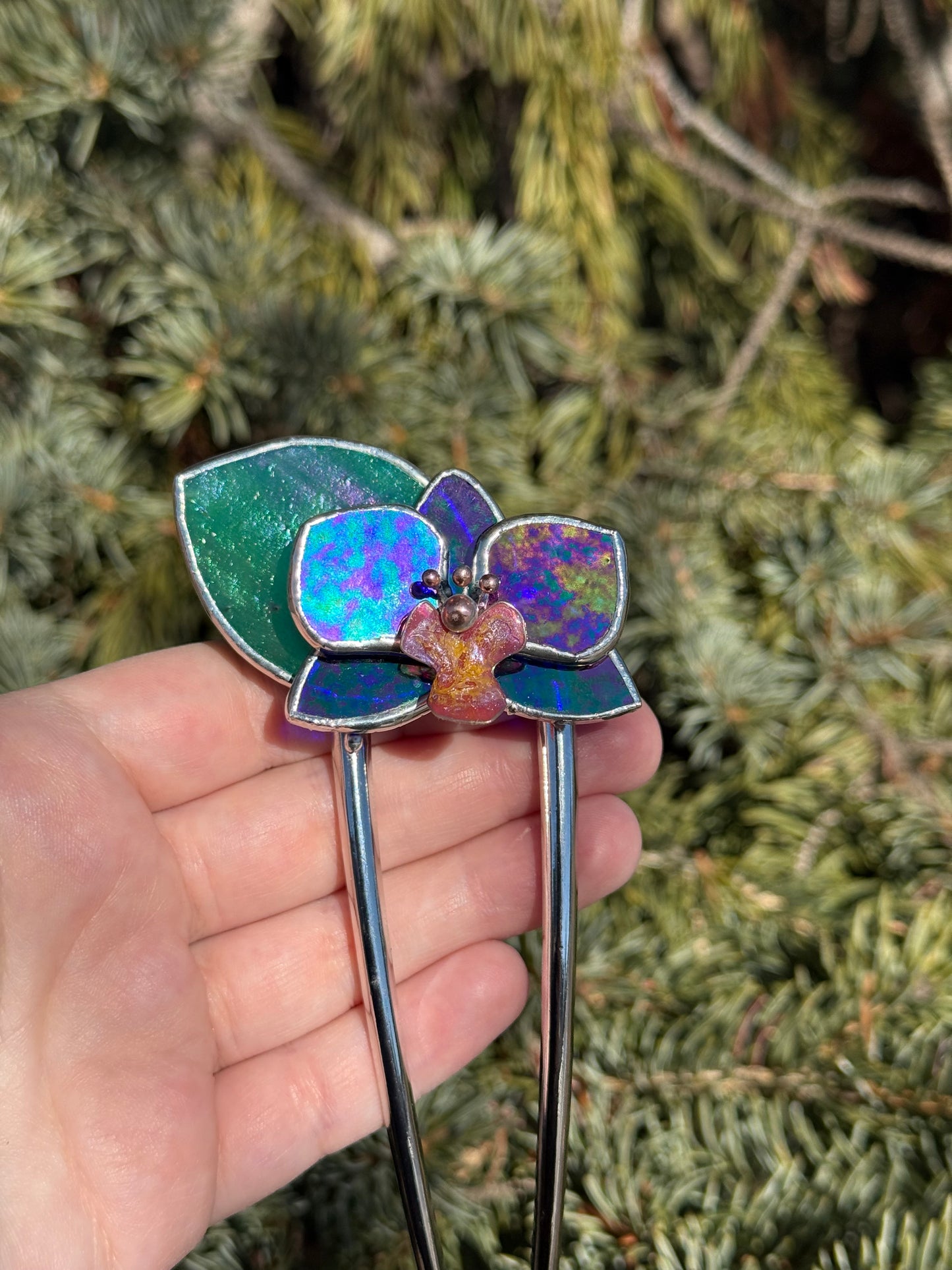 Hair Pin Stained Glass Orchid Flower CHOOSE COLOR Handmade Floral Accessories