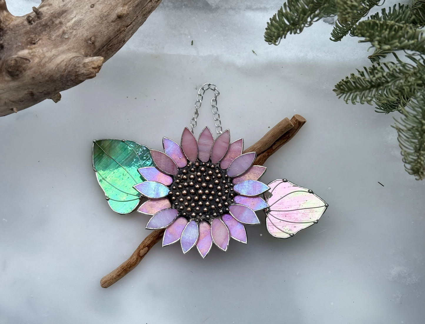 "  . Sunflower Delicate Pink irid ", stained glass wall decor, tropical flower 3D, Sun catcher, Plant decor