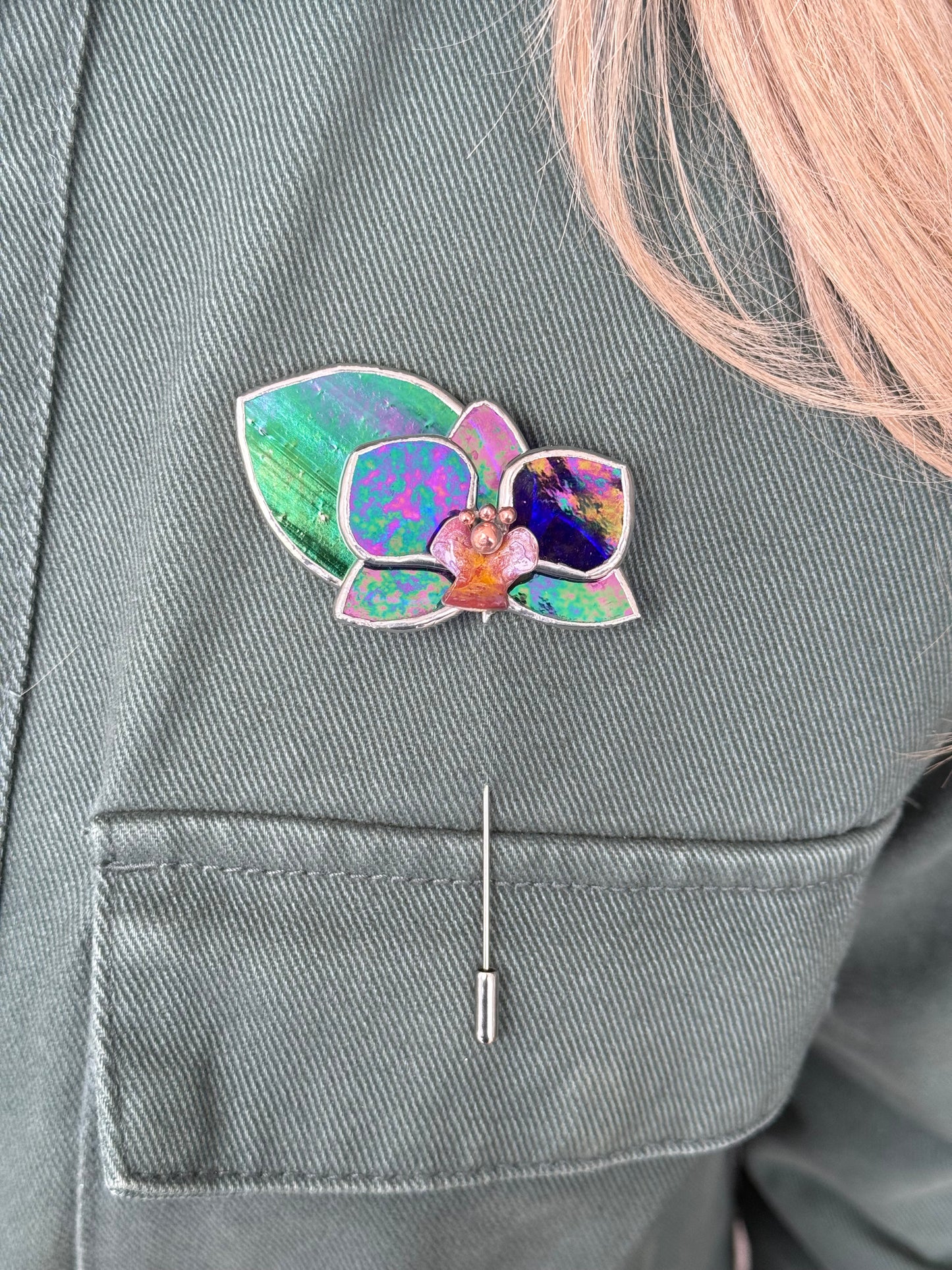 Orchid Brooch Statement Stained Glass Floral Pin, Modern Art Jewelry