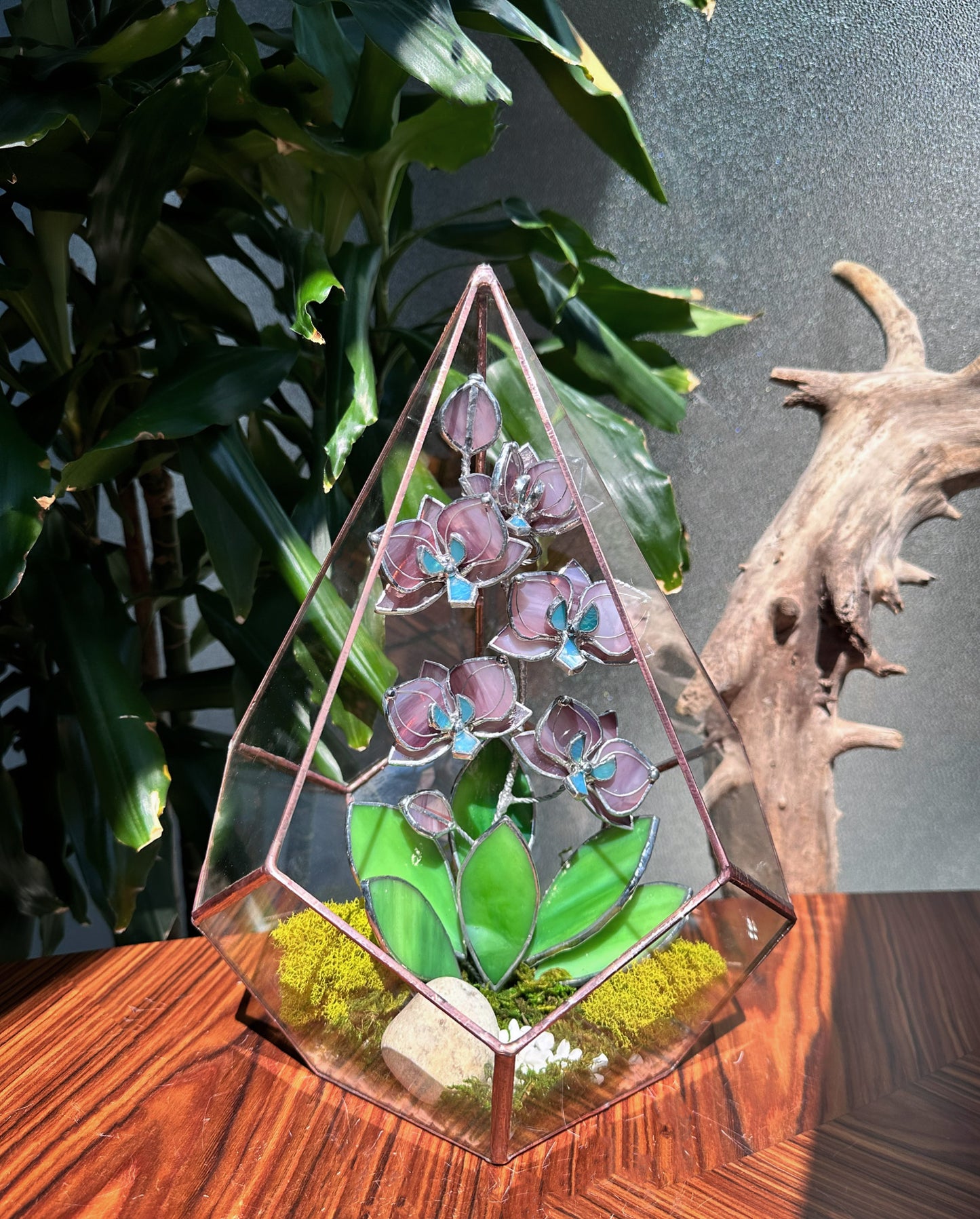 " . Geometric glass 3D terrarium Teardrop with stained glass orchids. Wedding glass decor, Mother’s Day  gift, glass art, suncatcher, succulents, cacti