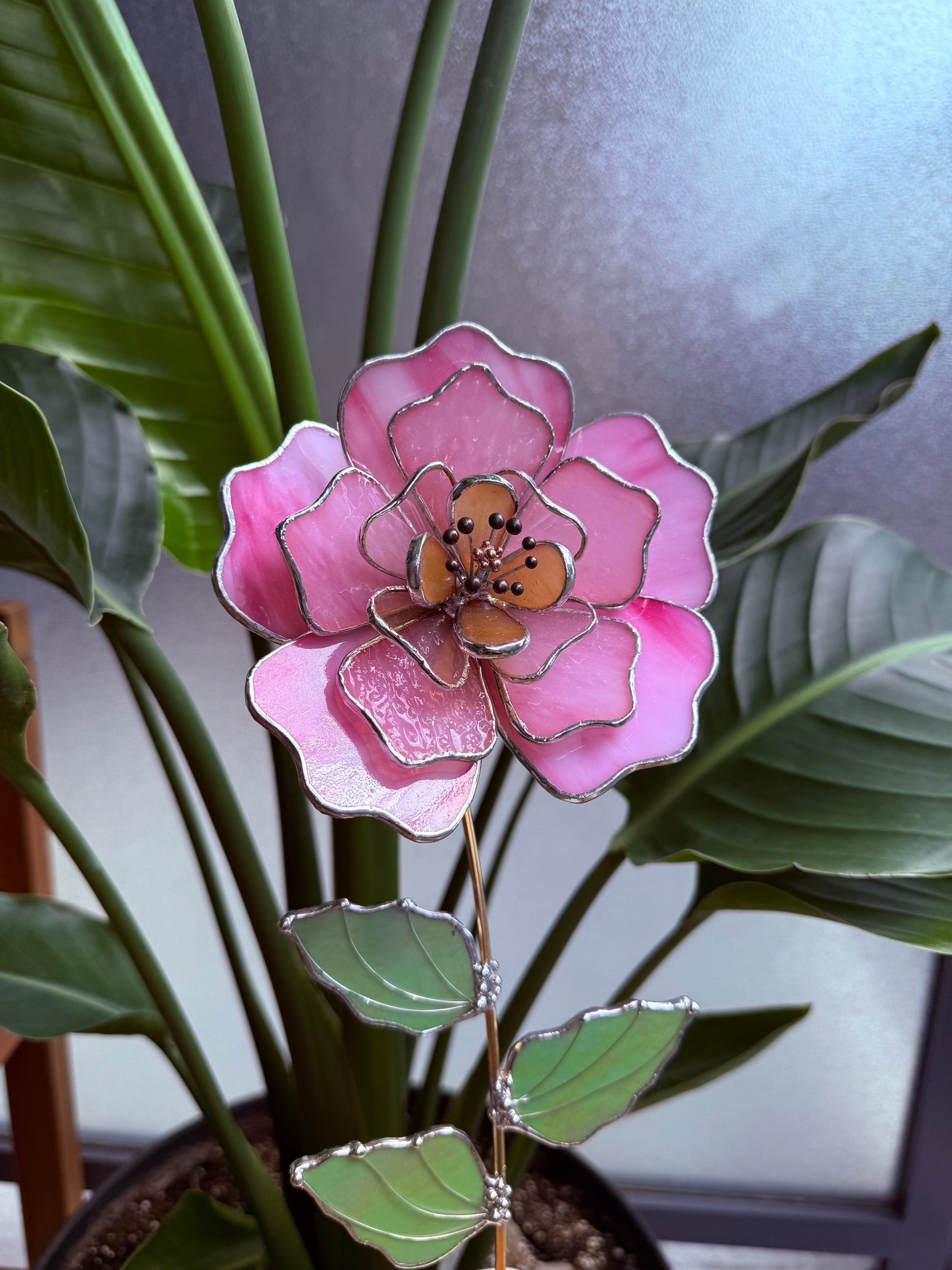 Candy Pink Peony Stained glass flower 3D Botanical Table Plant Decor