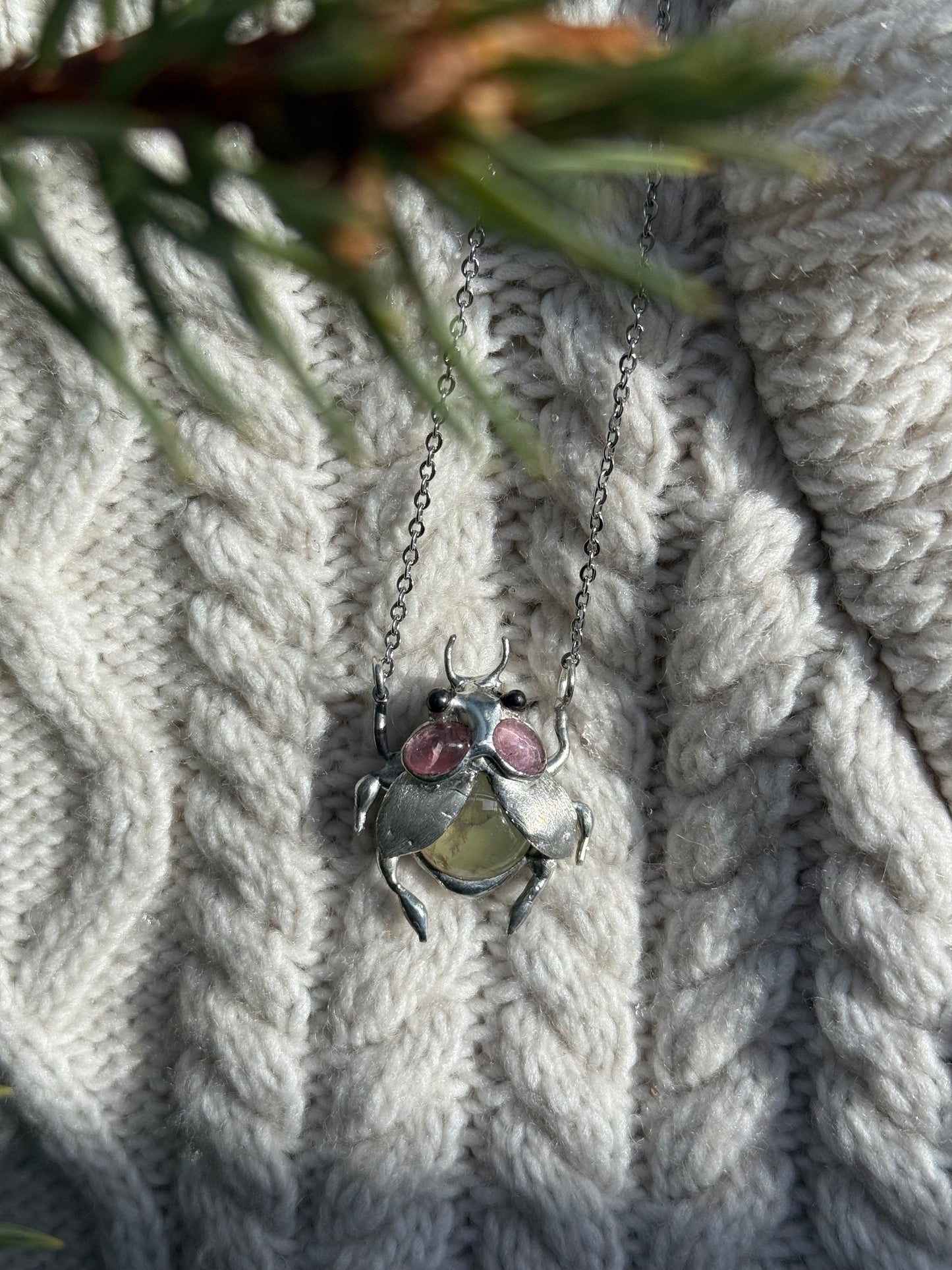 " . Bug necklace Flower Chafer with Pink Tourmaline & Olive Prehnite”, art jewelry pendant with gemstones 3D wedding jewelry Mother’s Day gift