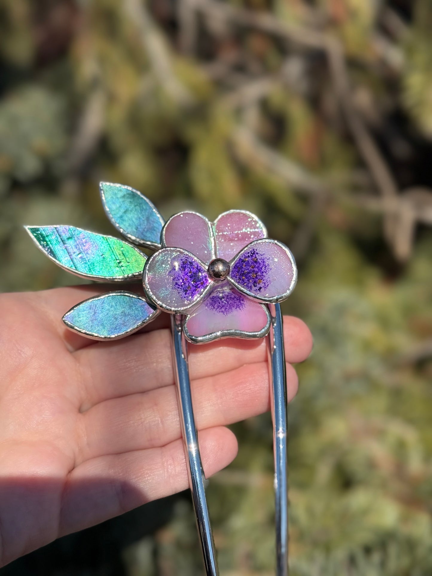 .Hair Pin Stained Glass Pansy Flower CHOOSE COLOR Handmade Floral Accessories