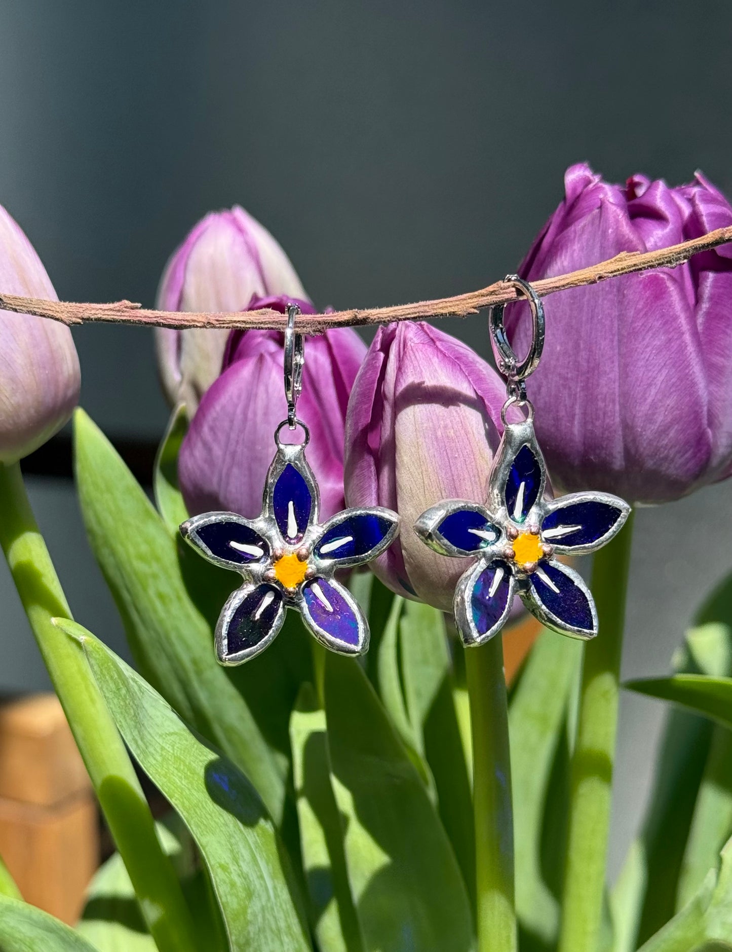 .Forget Me Not Earrings Indigo Luminescent Handcrafted Stained glass Botanical Art Jewelry