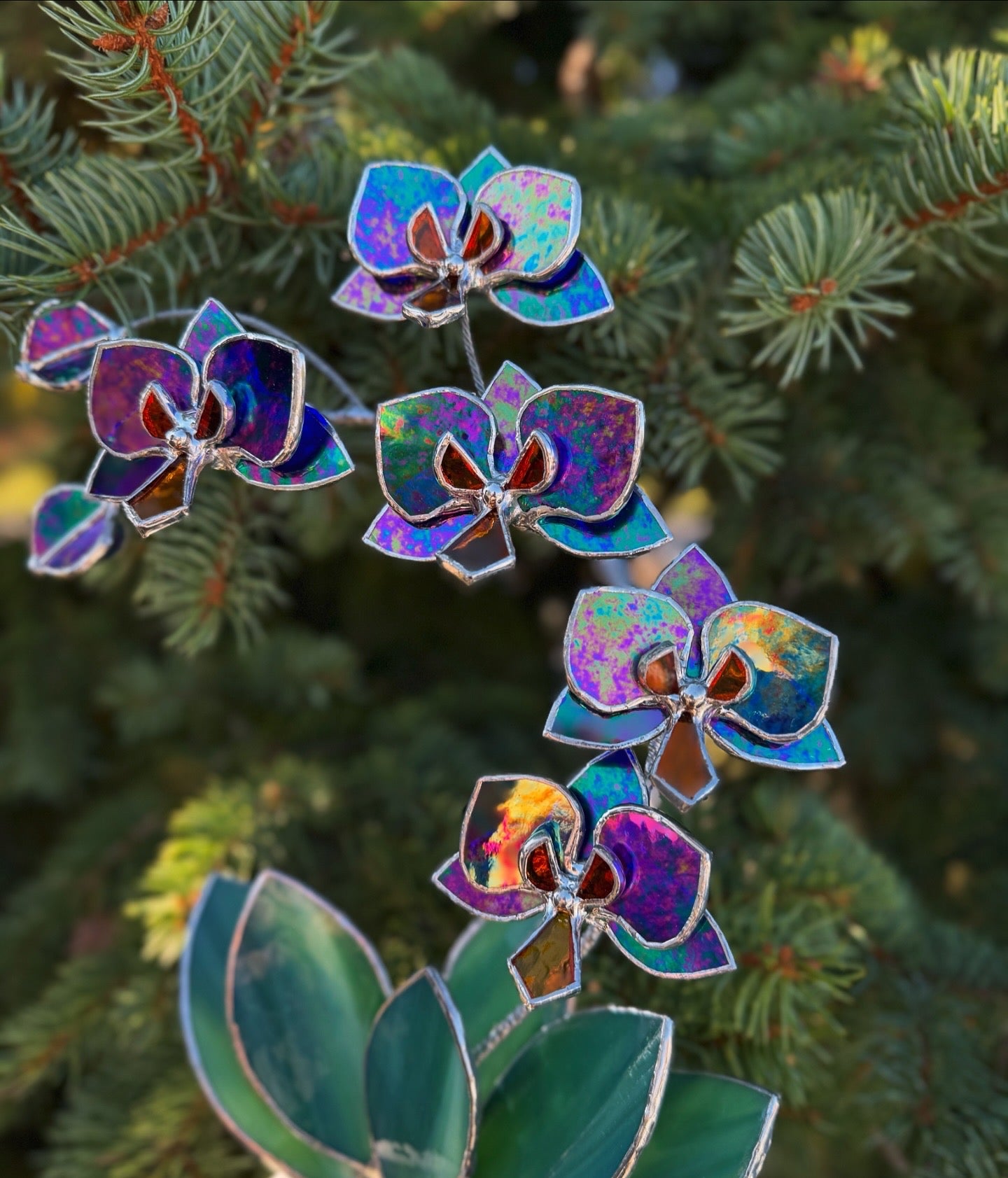 " . Indigo iridescent Orchid 5 flowers with pot" Stained glass tropical flower 3D, Sun catcher, Table plant, Garden stick, wedding decor, Christmas gift