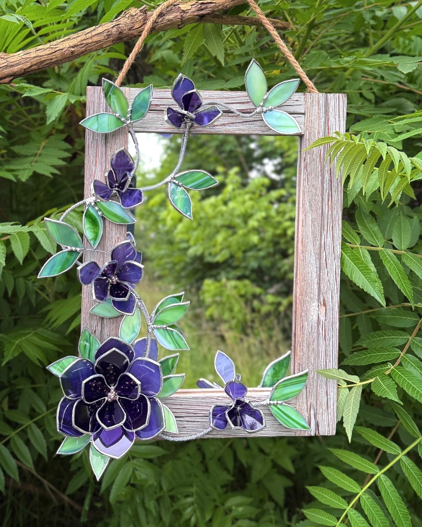 " . Amethyst translucent Magnolia Flower Mirror, Stained glass Wedding Wall Decor Christmas gift, Suncatcher
