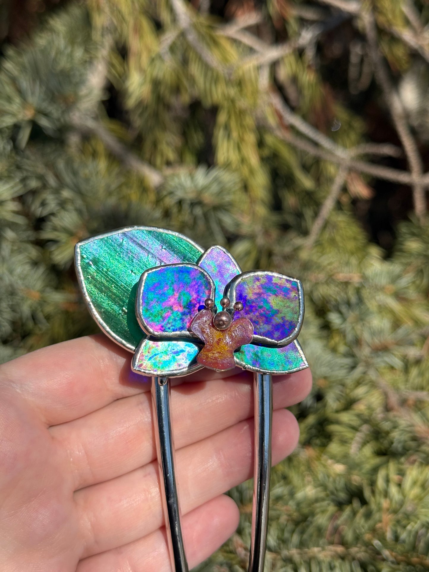 Hair Pin Stained Glass Orchid Flower CHOOSE COLOR Handmade Floral Accessories