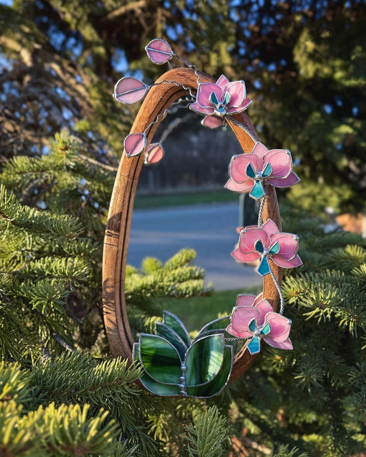 " . Bright Pink Orchid Mirror”, Stained glass flower Wall decor, Suncatcher, Home wedding Decor, Christmas gift, available