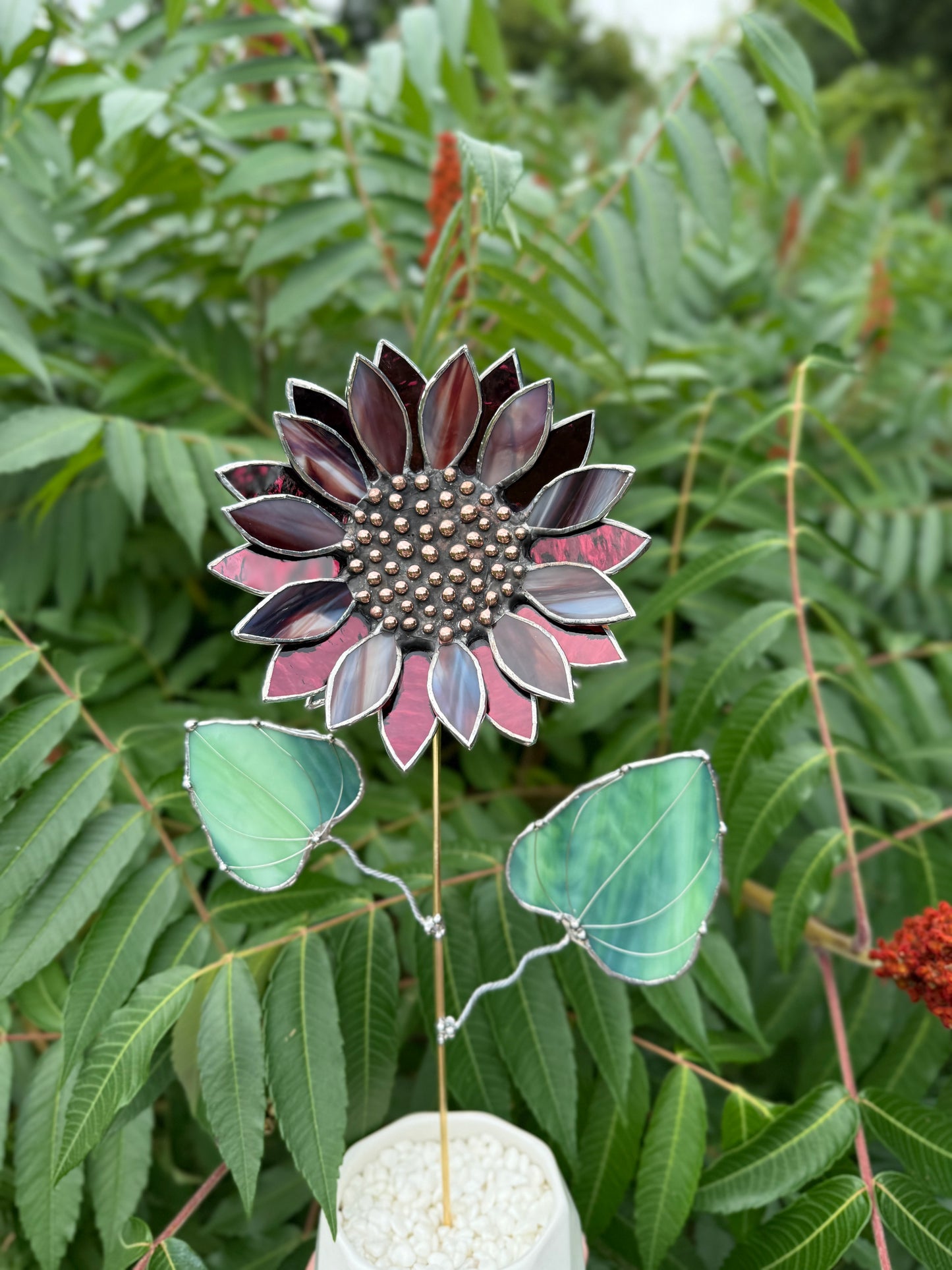 " . Sunflower Marble grey & purple silver oat", stained glass tropical flower 3D, Sun catcher, Table plant decor, Garden stake, Outdoor and gardening, wedding Christmas gift
