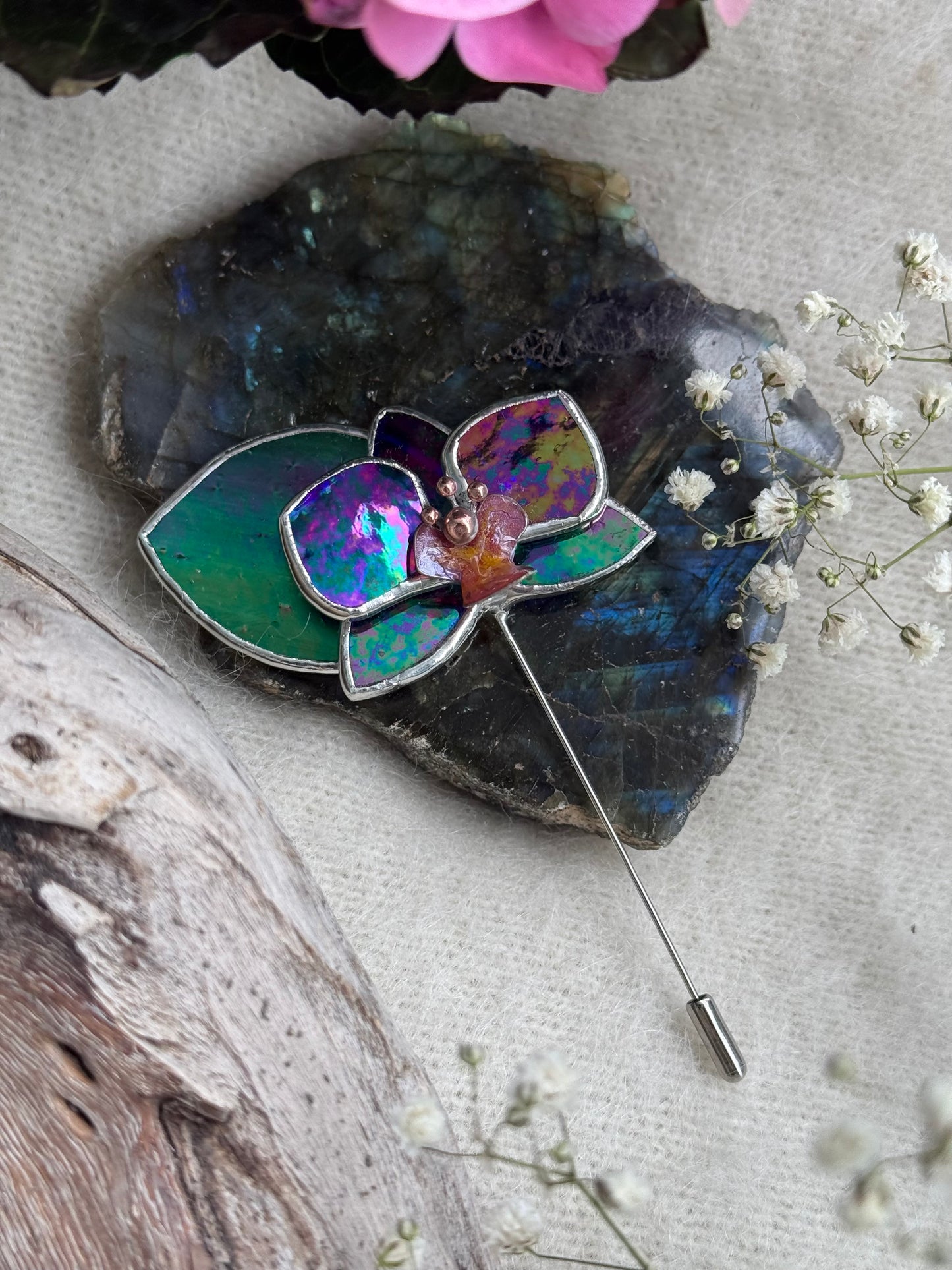 Orchid Brooch Statement Stained Glass Floral Pin, Modern Art Jewelry
